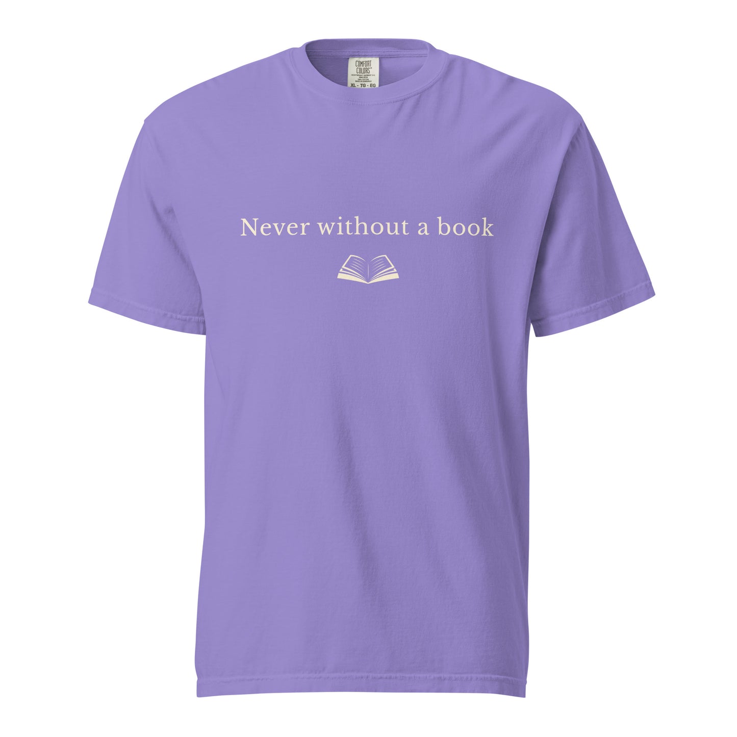 Lavender Comfort Colors T-shirt with “Never without a book” text and open book graphic, minimalist reading shirt