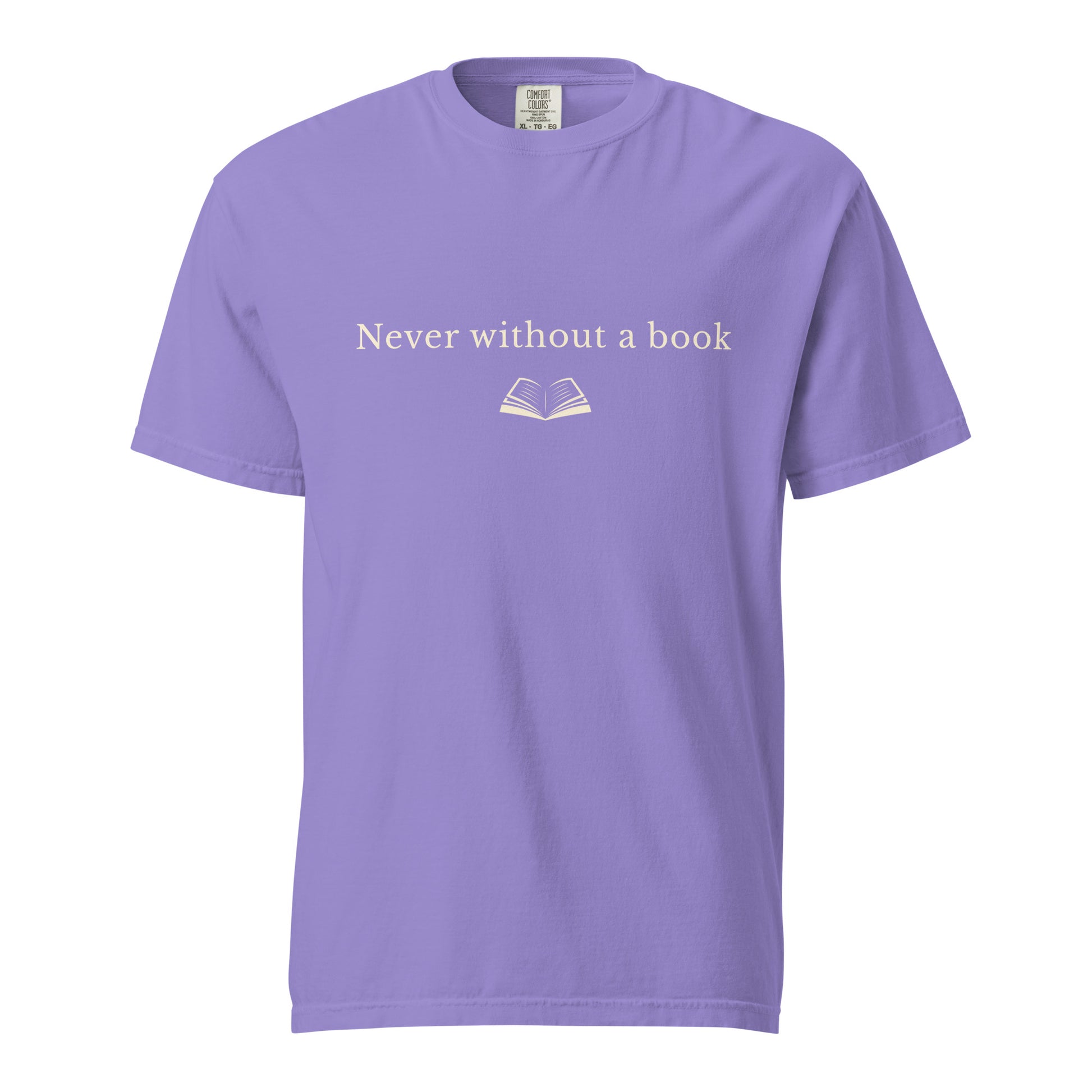 Lavender Comfort Colors T-shirt with “Never without a book” text and open book graphic, minimalist reading shirt