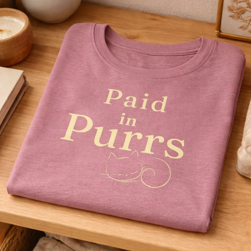 Folded Paid in Purrs cat lover T-shirt displayed on wooden shelf in boutique setting.