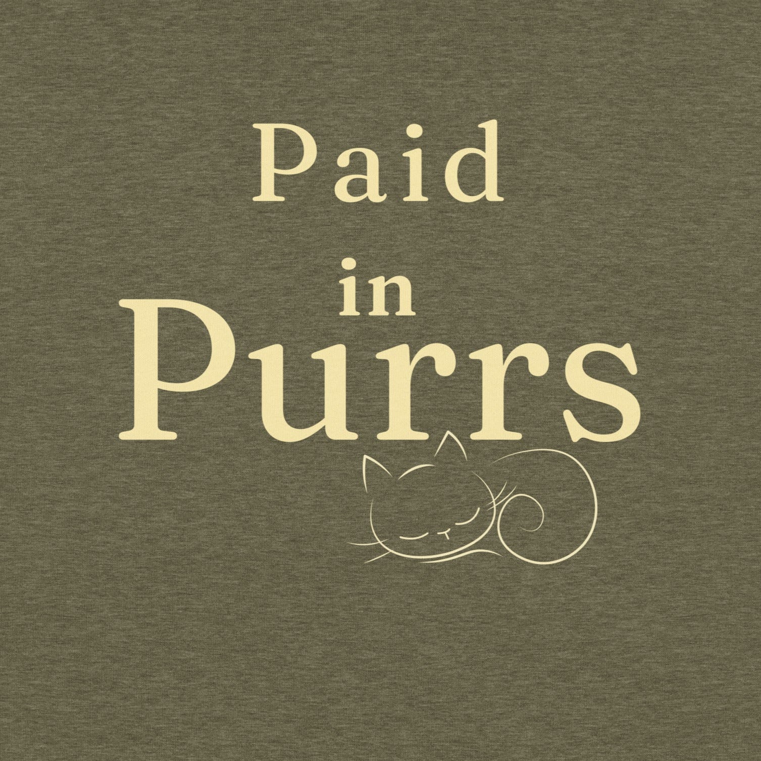Close-up of Paid in Purrs cat illustration and typography on soft Bella Canvas T-shirt.