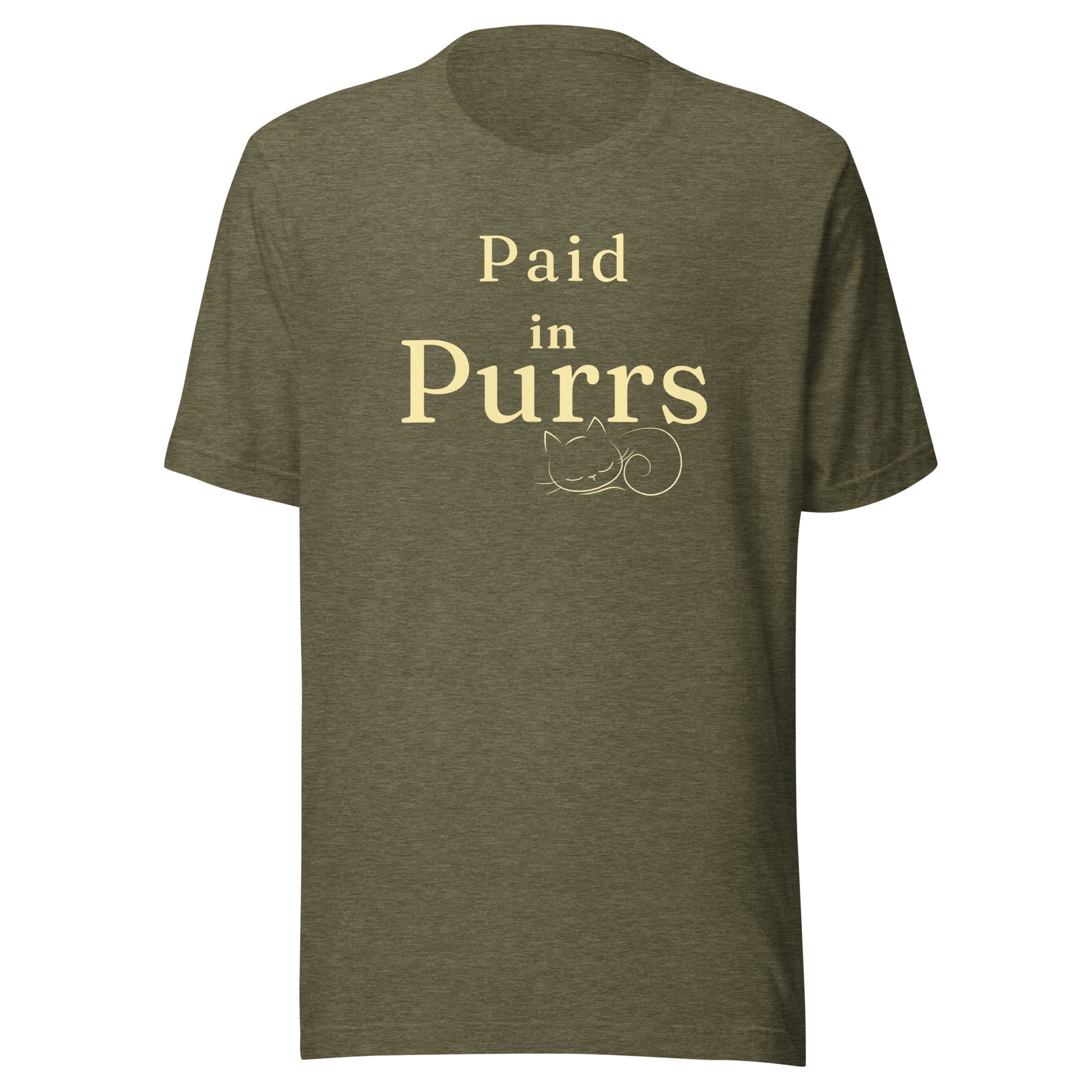 Paid in Purrs cat lover T-shirt in Heather Olive with cream minimalist cat illustration.