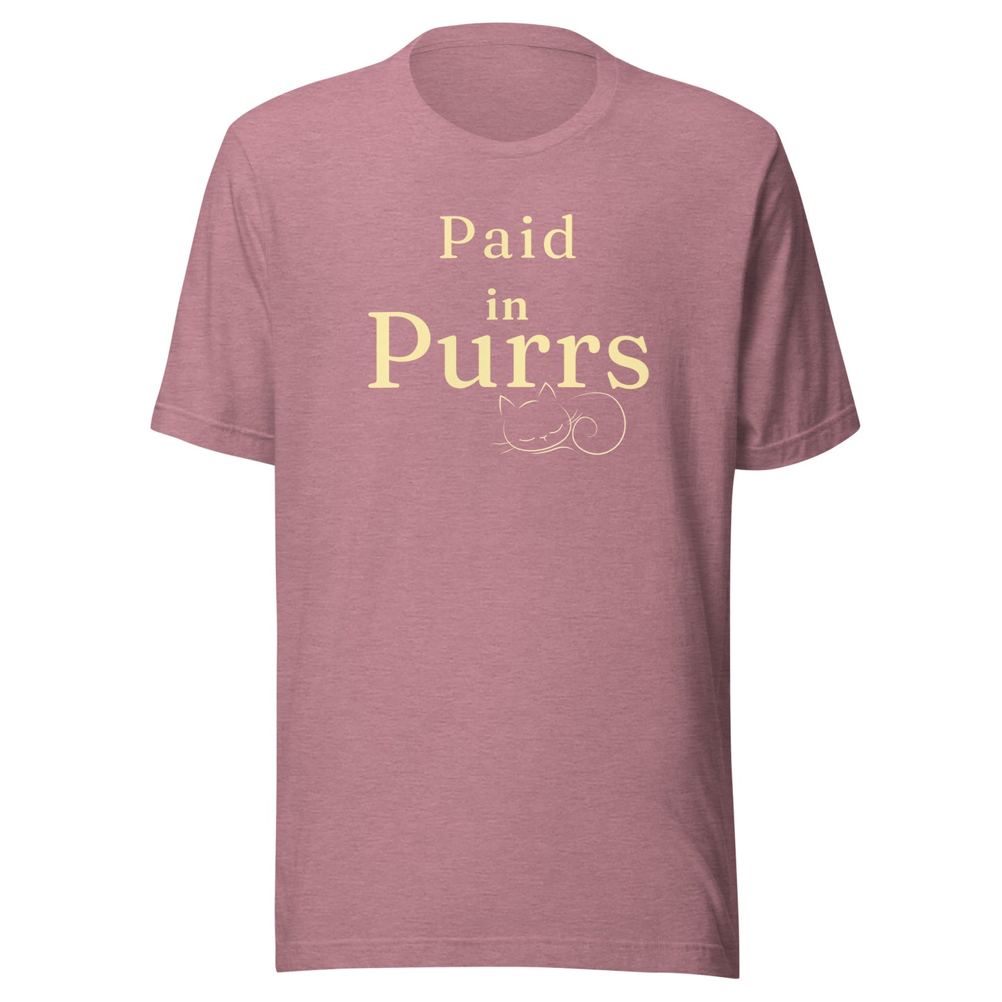 Paid in Purrs soft cat lover graphic tee in Heather Orchid with minimalist curled cat design.