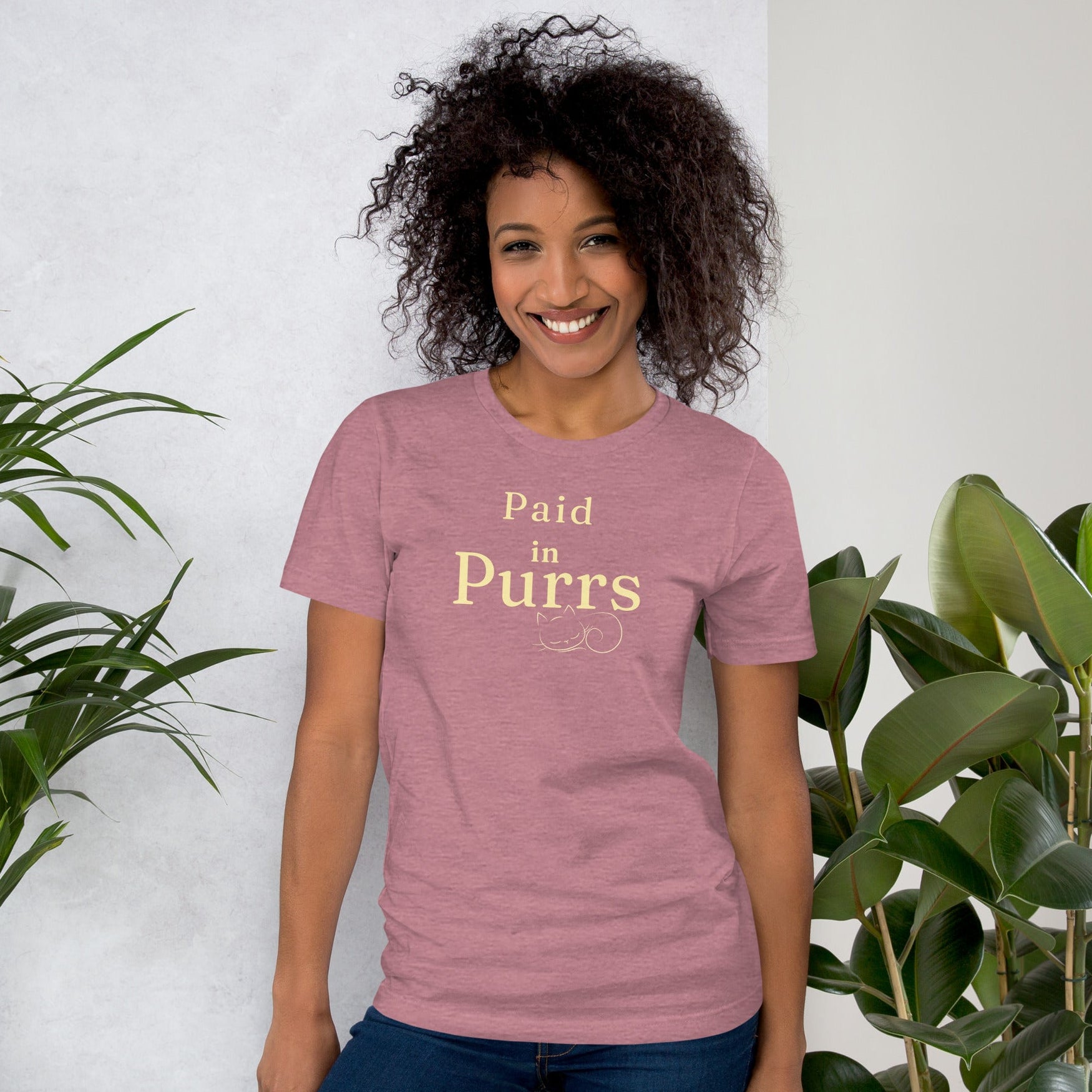 Woman wearing Heather Orchid Paid in Purrs Bella Canvas pet owner T-shirt styled casually.