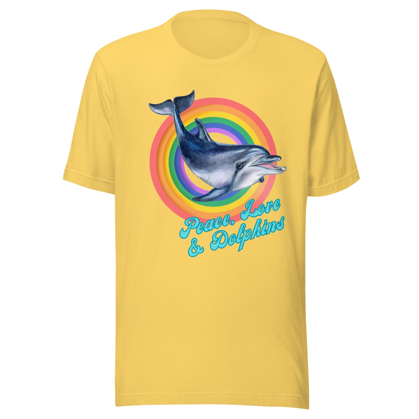Peace Love and Dolphins T-shirt with rainbow dolphin graphic on yellow tee
