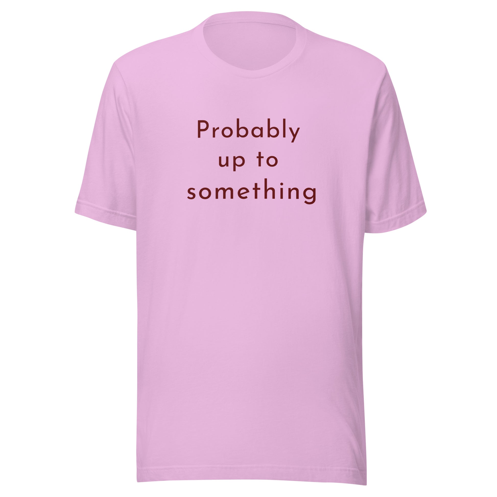 Probably Up To Something graphic T-shirt in warm pink with rich brown lettering