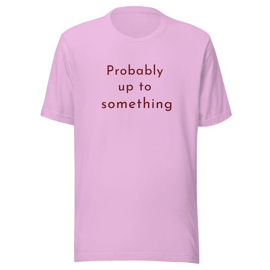 Probably Up To Something graphic T-shirt in warm pink with rich brown lettering