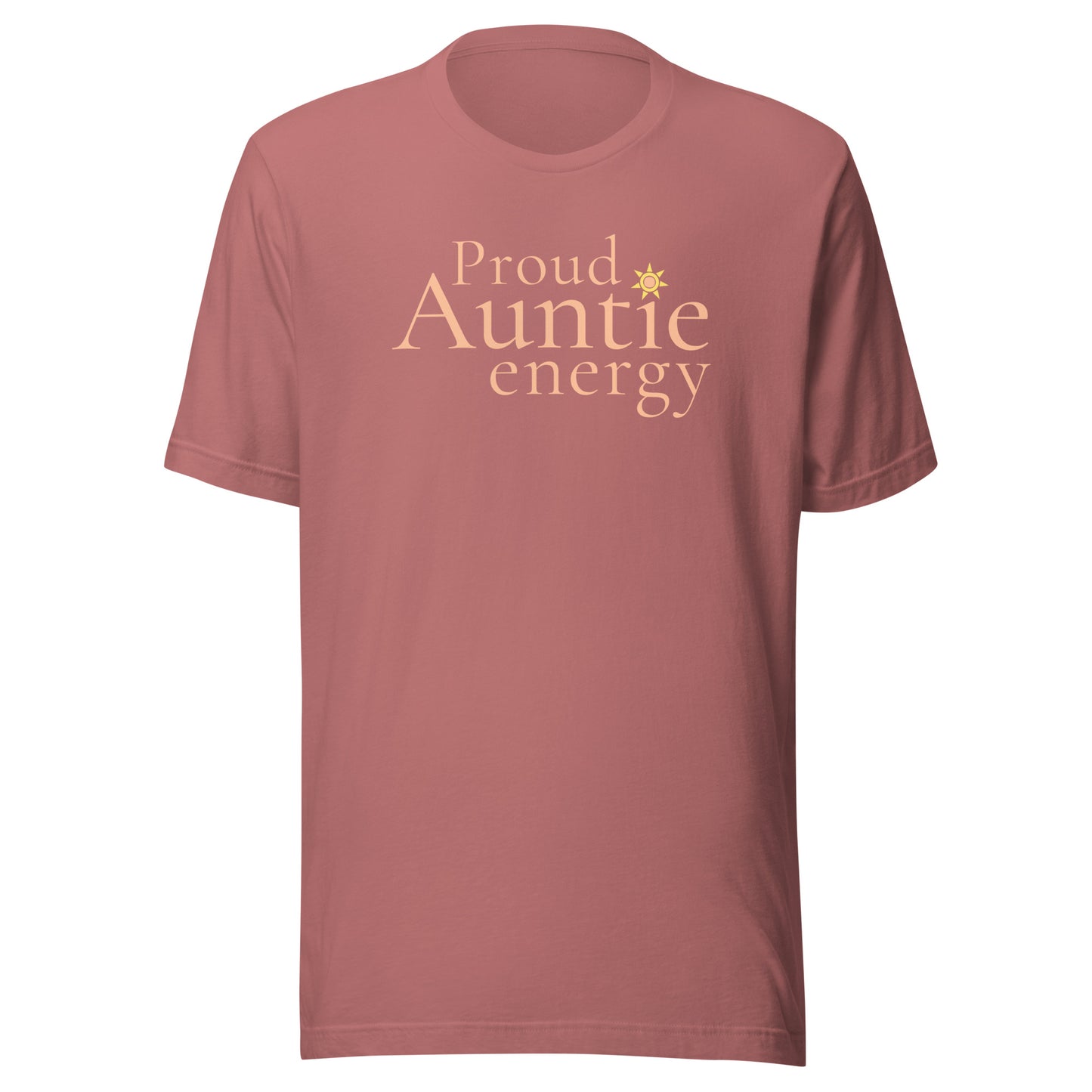 Proud Auntie Energy T-shirt in mauve with soft peach typography and sunshine icon