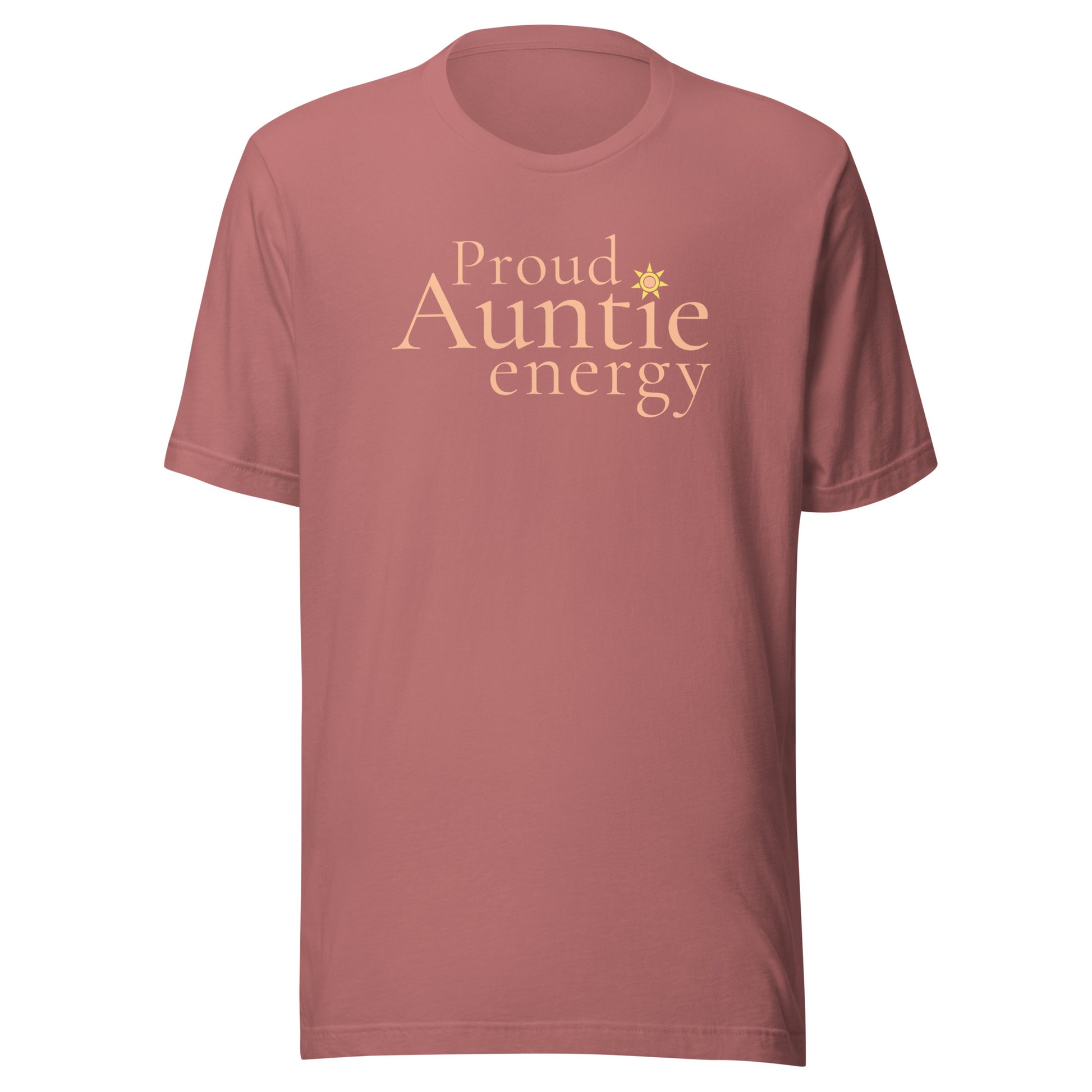 Proud Auntie Energy T-shirt in mauve with soft peach typography and sunshine icon