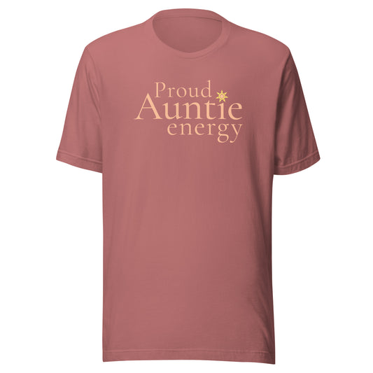Proud Auntie Energy T-shirt in mauve with soft peach typography and sunshine icon