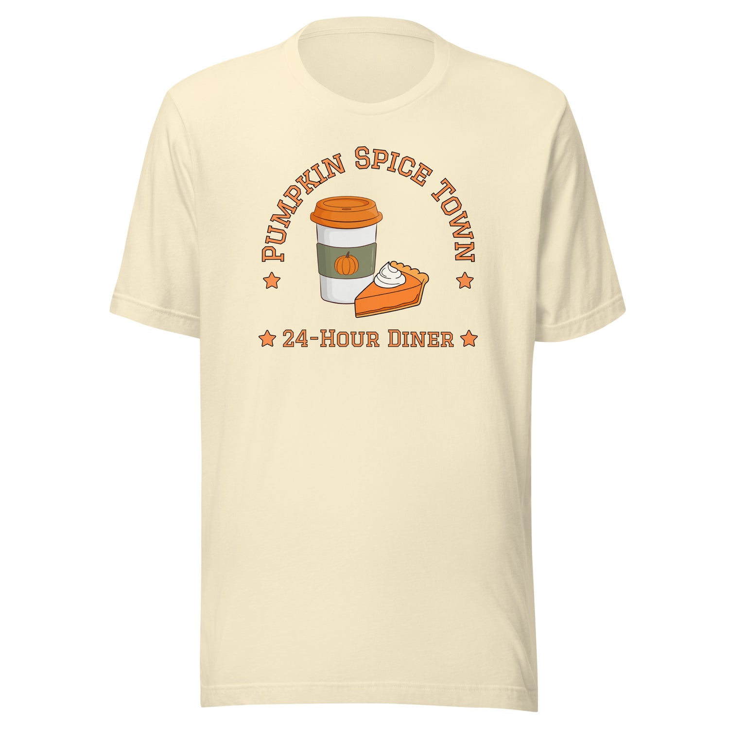 Cream natural Pumpkin Spice Town T-shirt with coffee cup and pie diner graphic