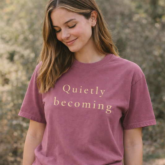 Quietly Becoming T-shirt in berry worn by woman outdoors, soft relaxed fit lifestyle image