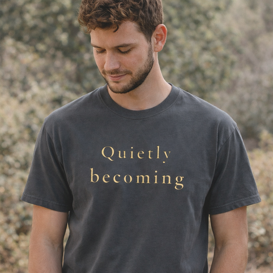 Quietly Becoming T-shirt in pepper worn by man, casual everyday lifestyle image