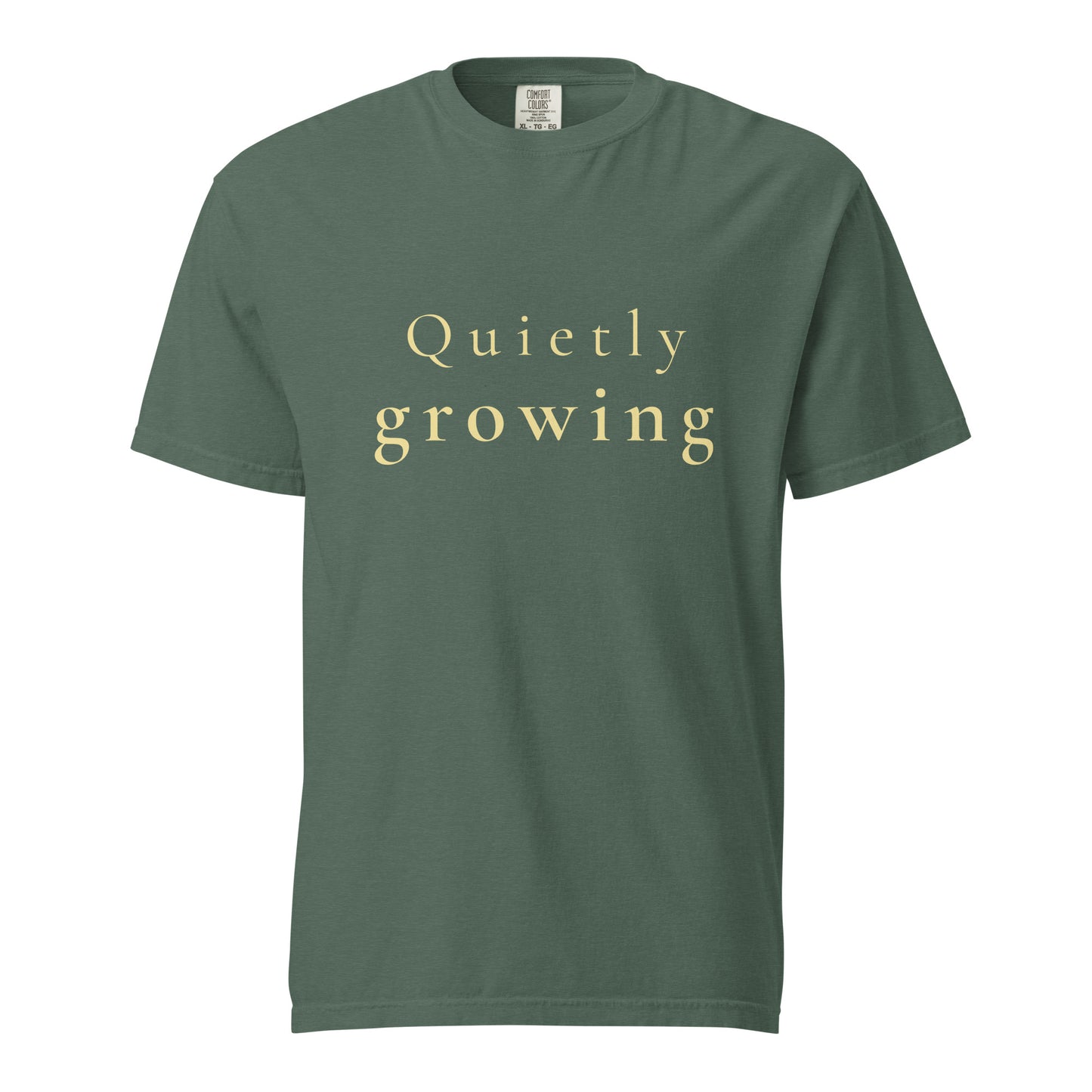 blue spruce Comfort Colors T-shirt with “Quietly growing” text shown flat, minimal product image
