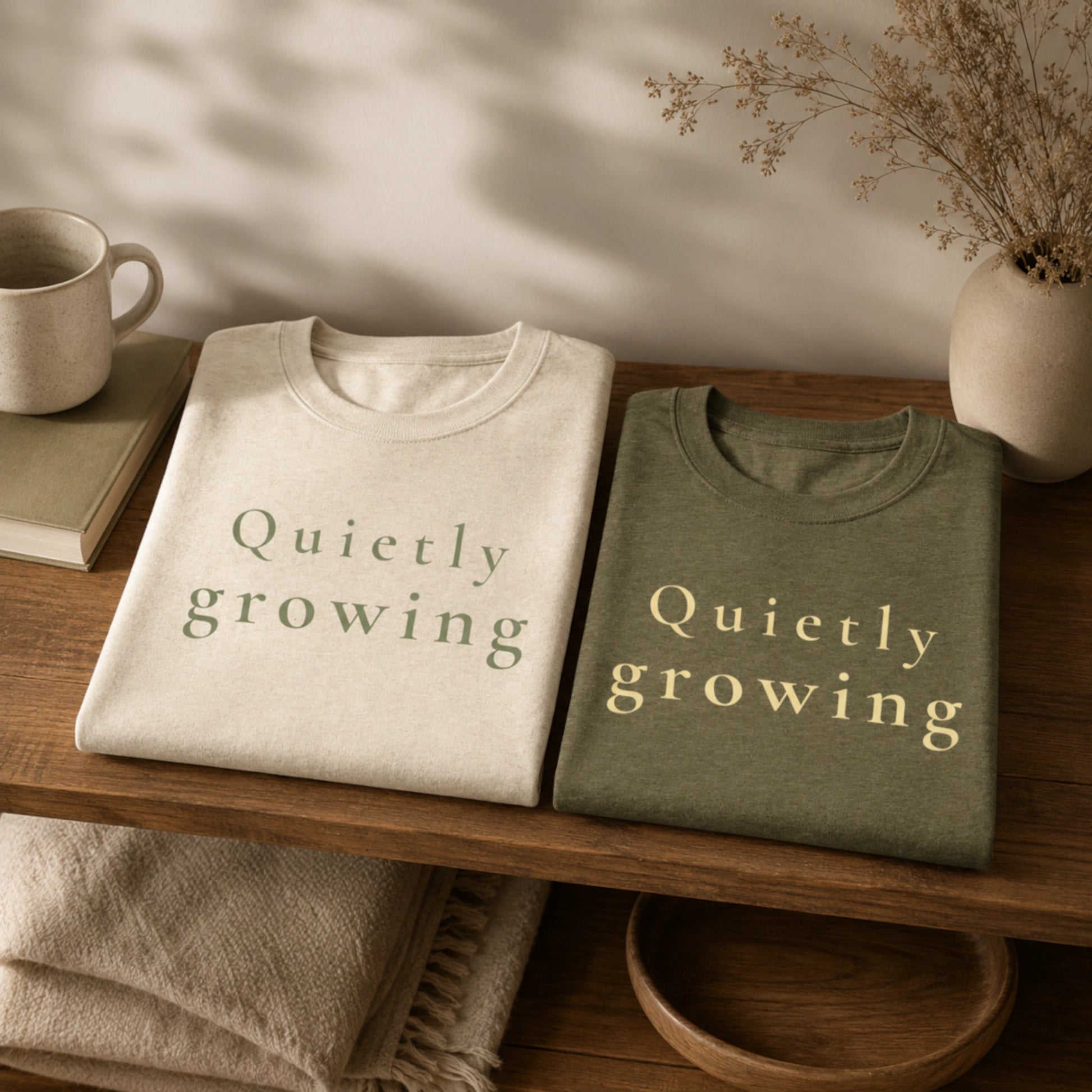 Folded Quietly Growing T-shirt displayed on a warm wooden shelf with soft natural styling.