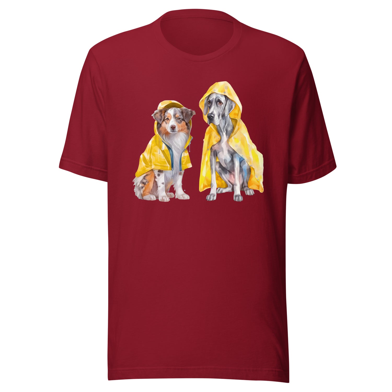 Cardinal coloured  T-shirt featuring two dogs wearing yellow raincoats, joyful dog illustration design