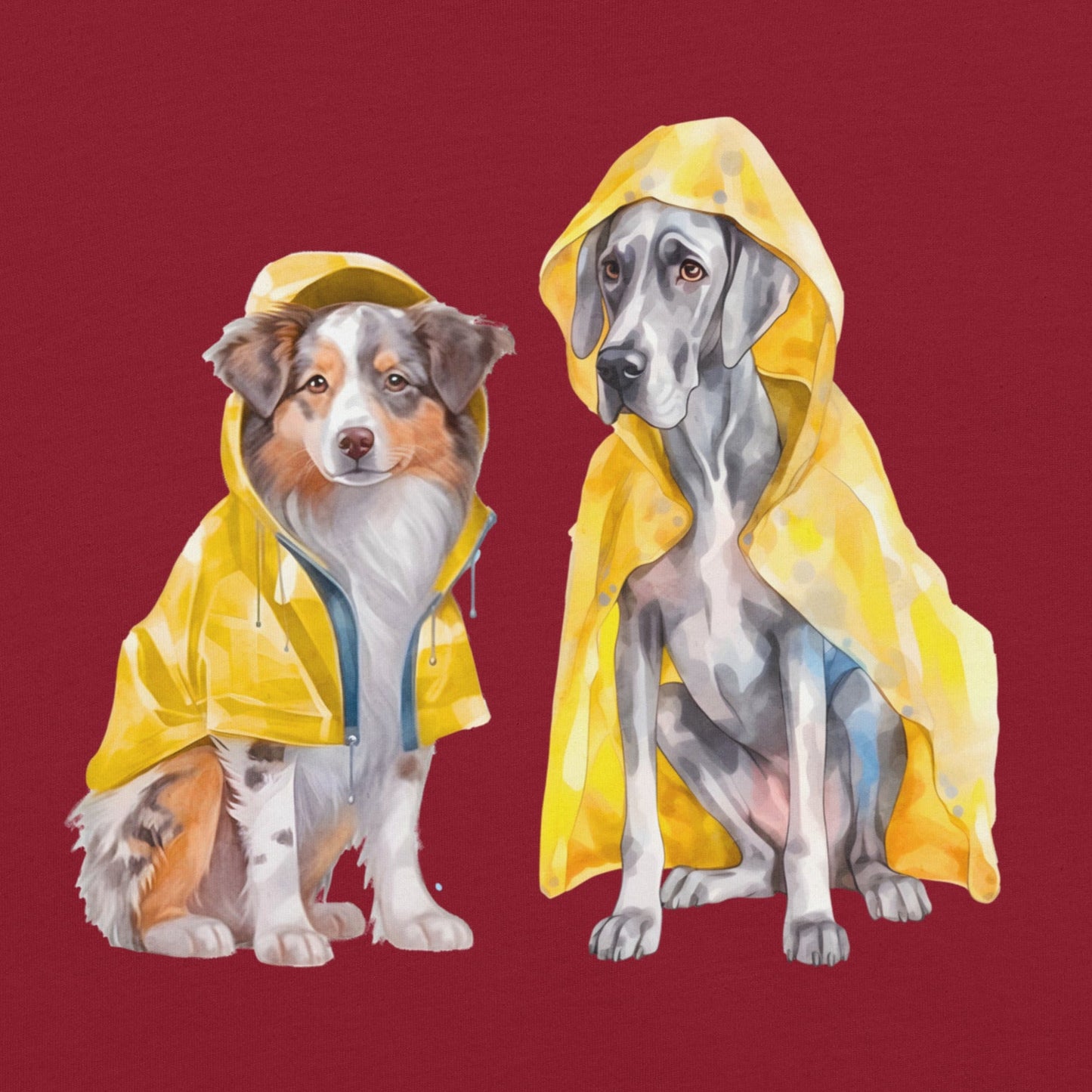 Illustration of two dogs in yellow raincoats, soft watercolour-style artwork