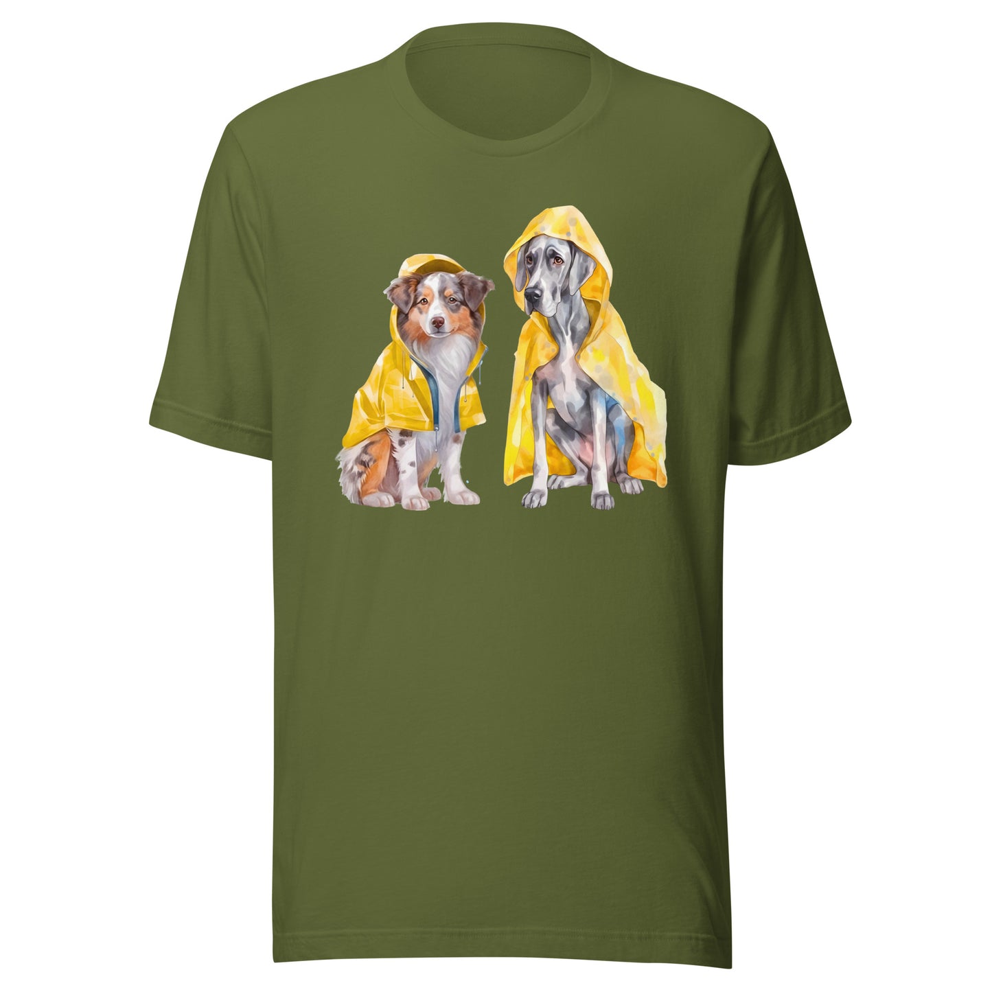 Olive green T-shirt with playful dog raincoat artwork, cosy everyday wear