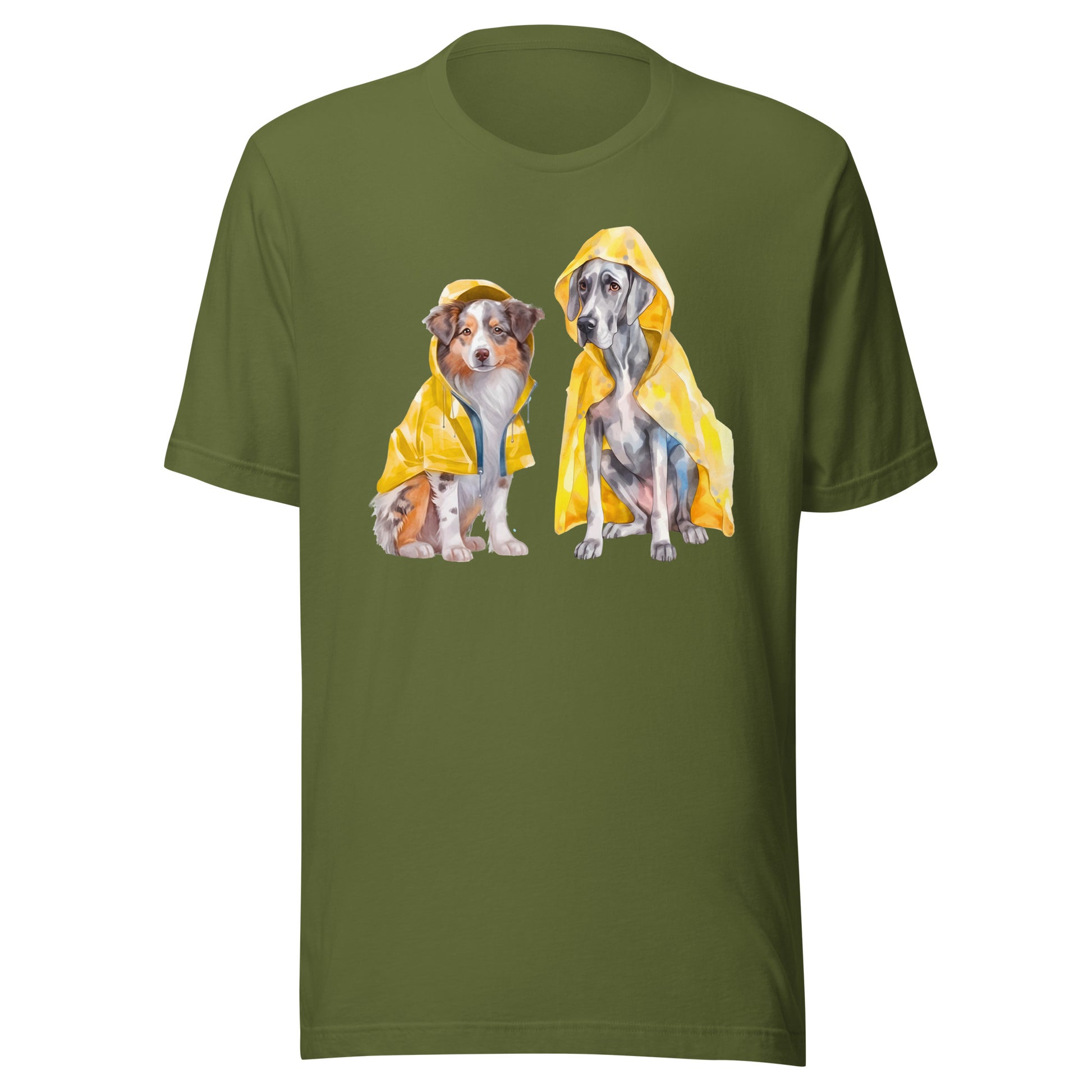Olive green T-shirt with playful dog raincoat artwork, cosy everyday wear