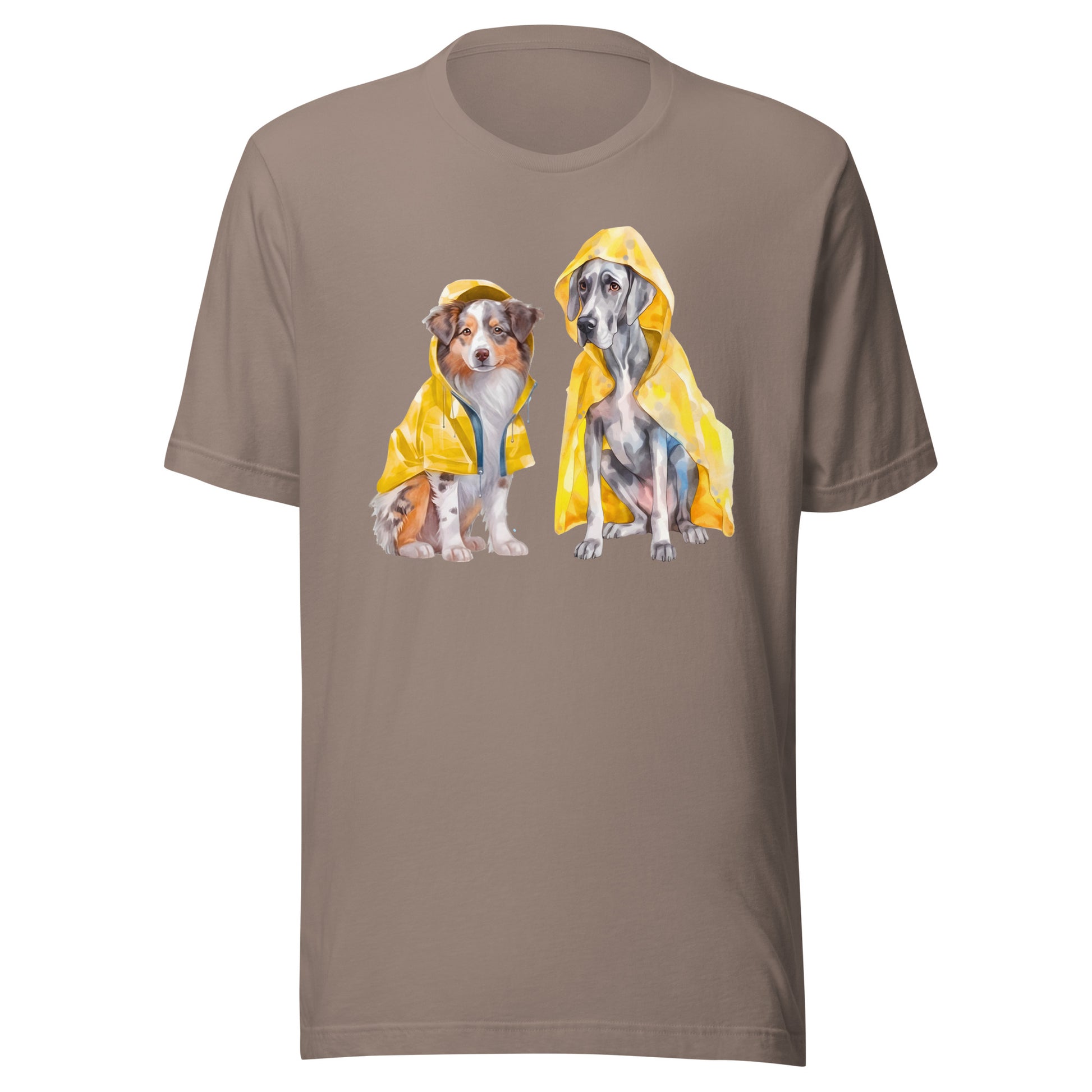 Neutral-tone pebble T-shirt featuring rainy day dogs illustration, soft joyful style