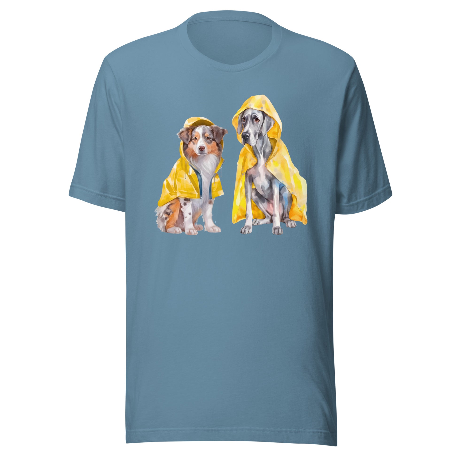 Steel blue T-shirt featuring rainy day dogs illustration, soft joyful style
