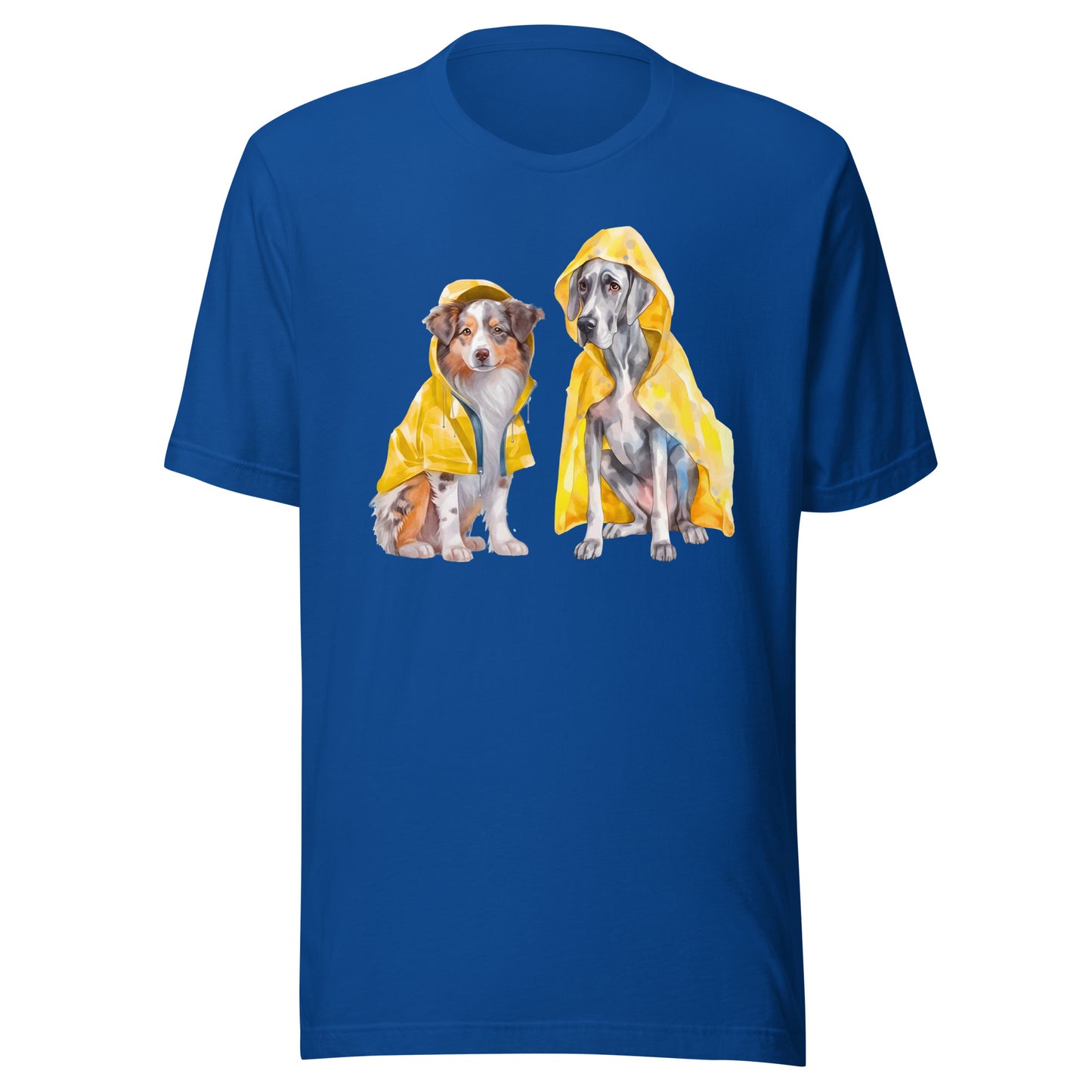 True royal blue T-shirt featuring dogs in raincoats illustration, cheerful dog lover design