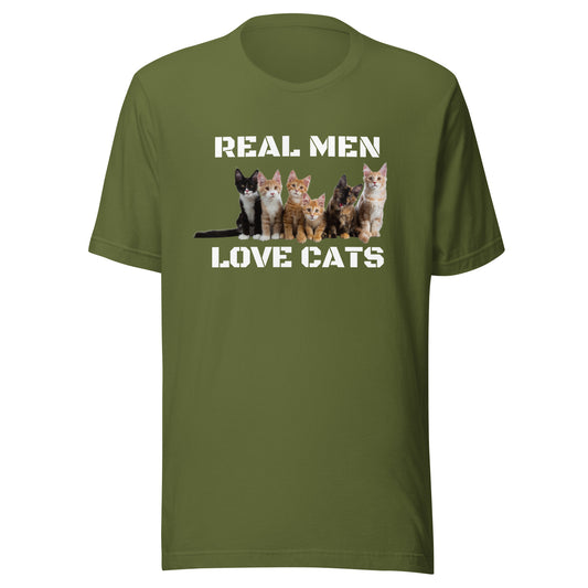 Real Men Love Cats T-shirt with kitten graphic on olive green tee