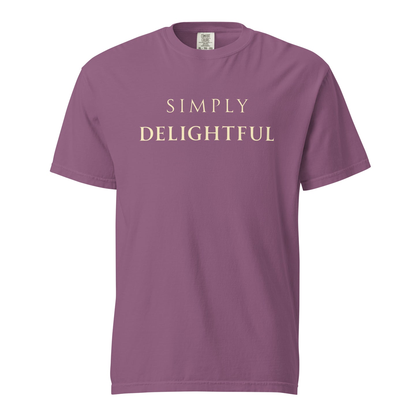 Simply Delightful Comfort Colors T-shirt in Berry with cream serif text, relaxed fit garment-dyed graphic tee