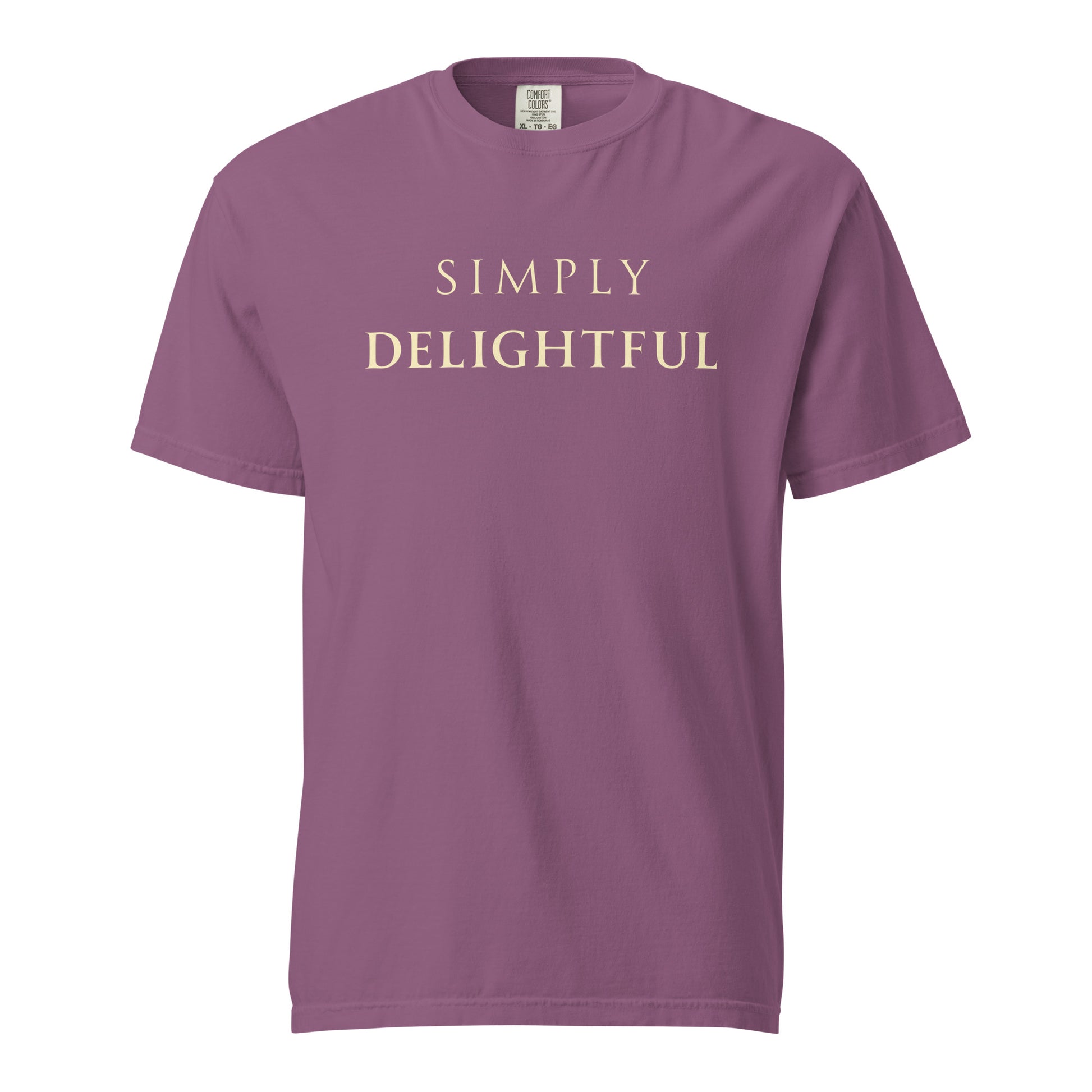 Simply Delightful Comfort Colors T-shirt in Berry with cream serif text, relaxed fit garment-dyed graphic tee