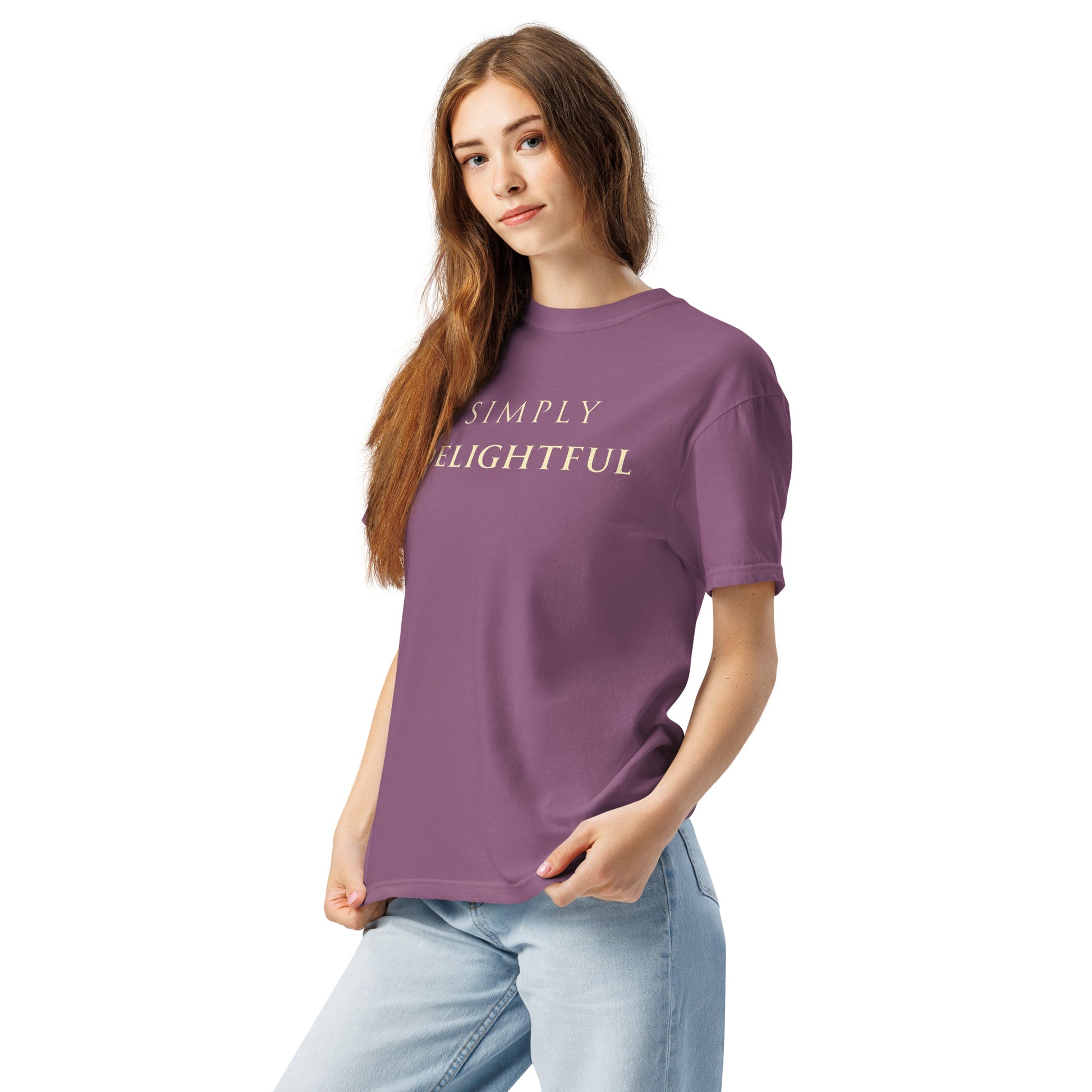 Woman wearing Simply Delightful Comfort Colors T-shirt in Berry with cream lettering, relaxed fit cotton graphic tee