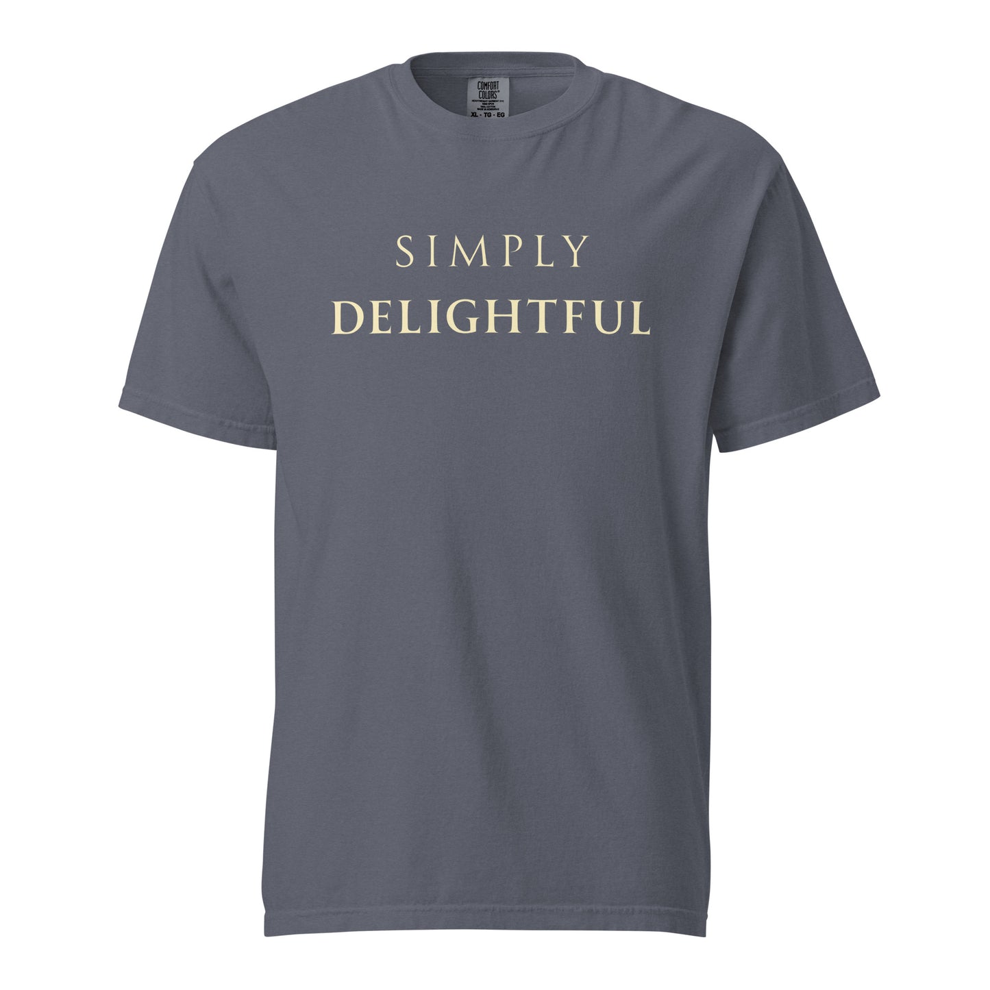 Simply Delightful Comfort Colors T-shirt in Denim with cream serif text, garment-dyed casual graphic shirt