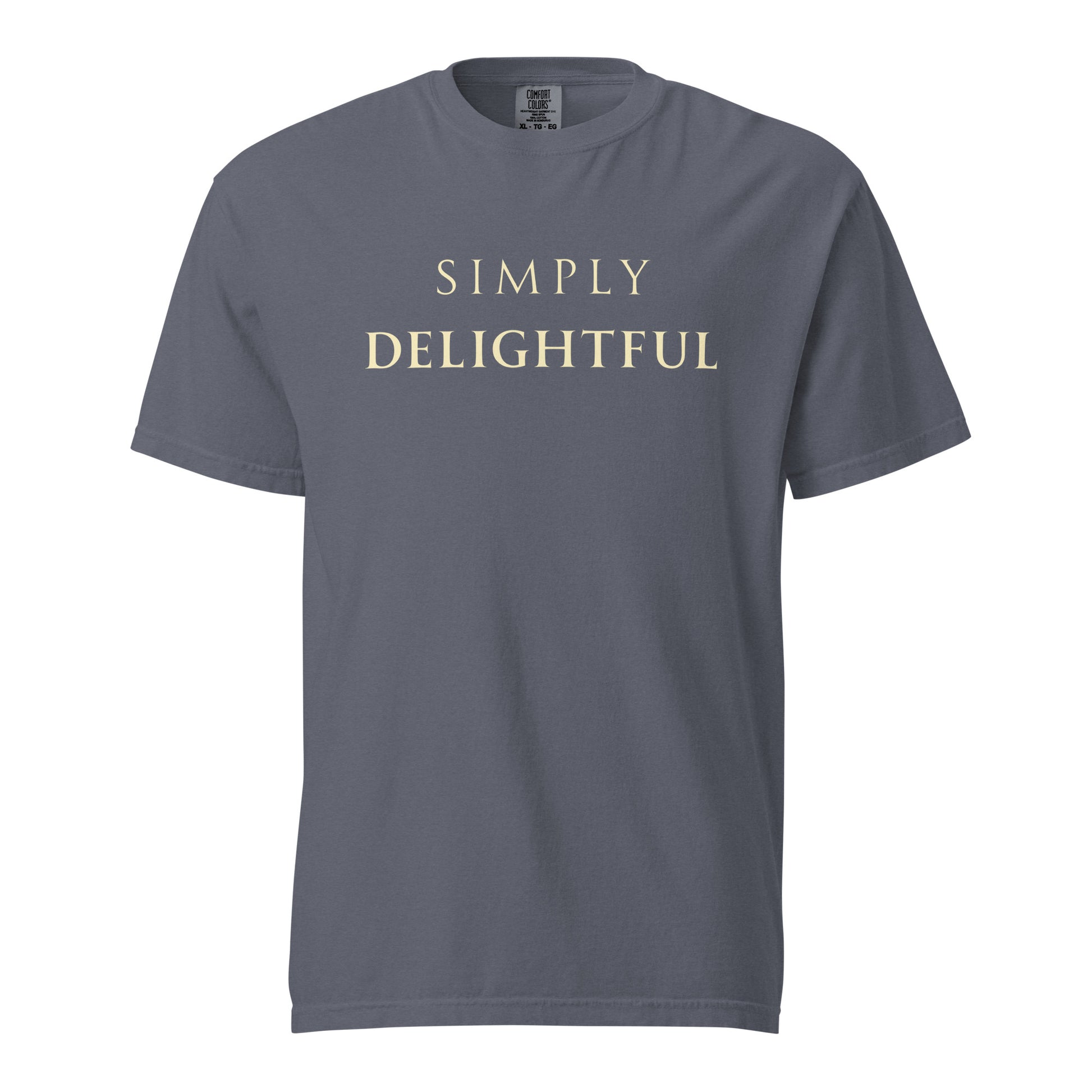 Simply Delightful Comfort Colors T-shirt in Denim with cream serif text, garment-dyed casual graphic shirt