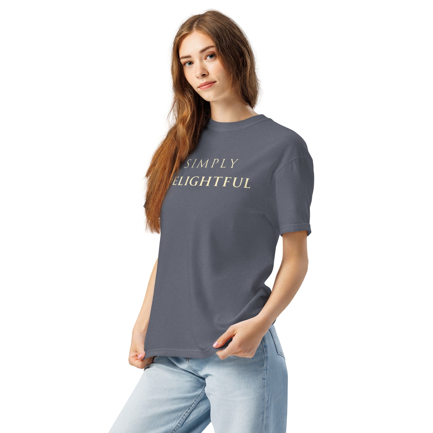 Woman wearing Simply Delightful Comfort Colors T-shirt in Denim blue with cream lettering, relaxed unisex fit tee
