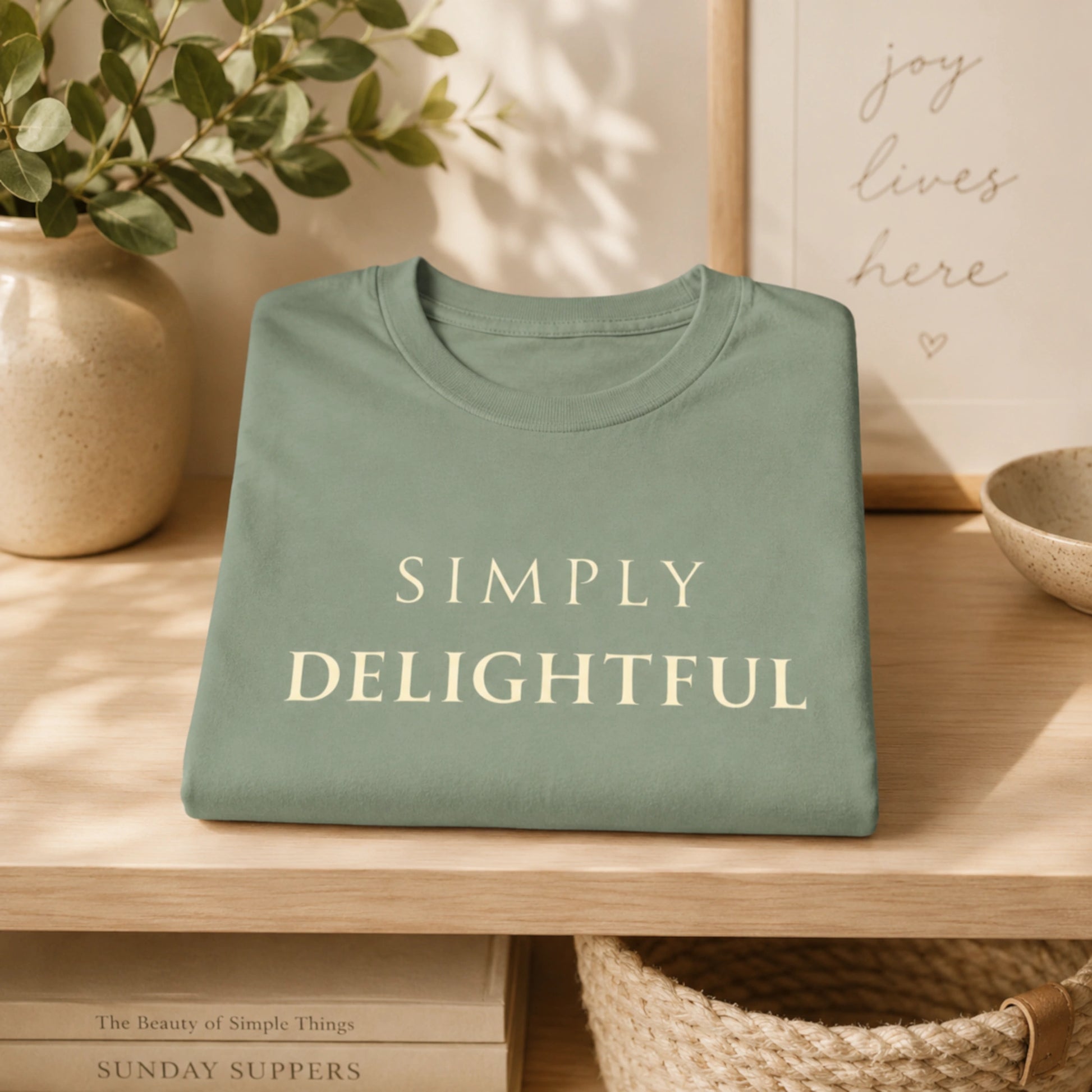 Folded Sage Simply Delightful T-shirt displayed on a light wooden shelf with warm, calm home styling.