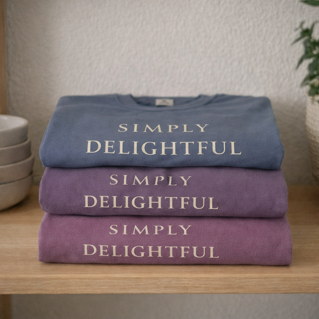 Folded stack of three “Simply Delightful” graphic T-shirts in denim blue, muted purple and berry pink displayed on a wooden shelf in a calm, neutral setting