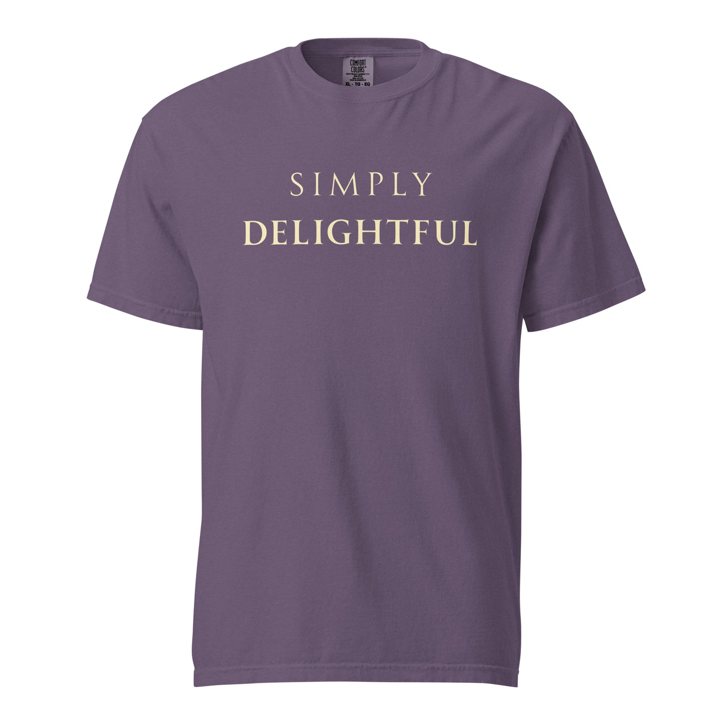 Simply Delightful Comfort Colors T-shirt in Grape with cream text, relaxed fit cotton graphic tee