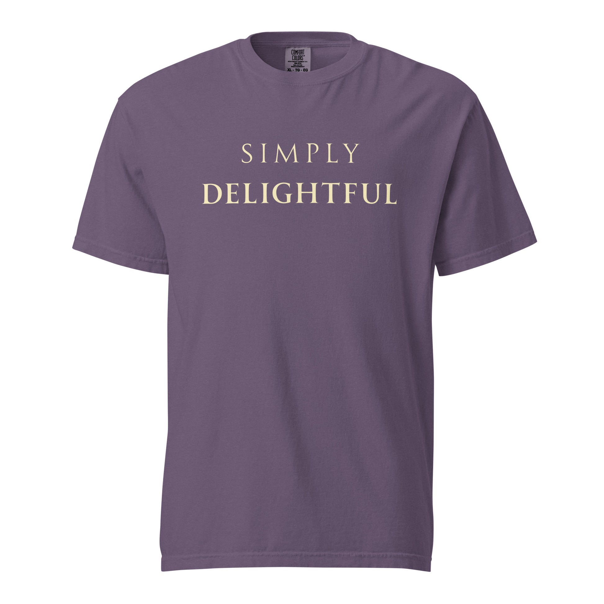 Simply Delightful Comfort Colors T-shirt in Grape with cream text, relaxed fit cotton graphic tee