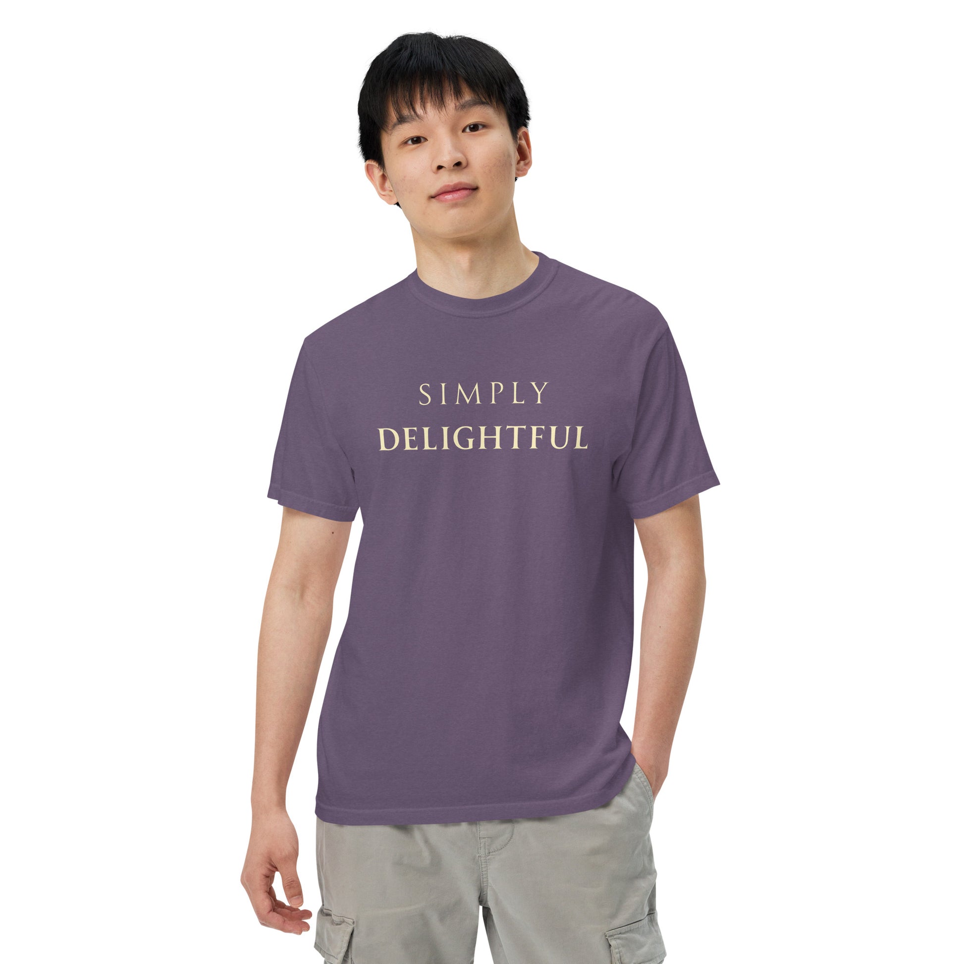 Man wearing Simply Delightful Comfort Colors T-shirt in Grape with cream serif lettering, unisex garment-dyed tee