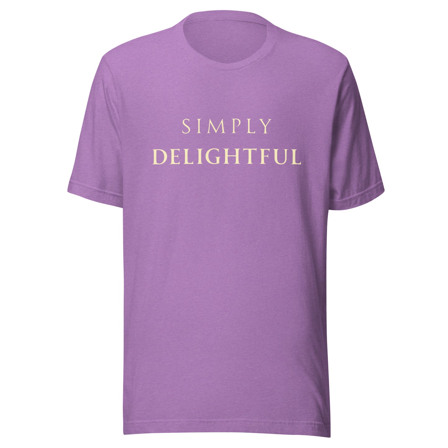 Heather Team Purple Simply Delightful T-shirt product mockup with soft cream text.