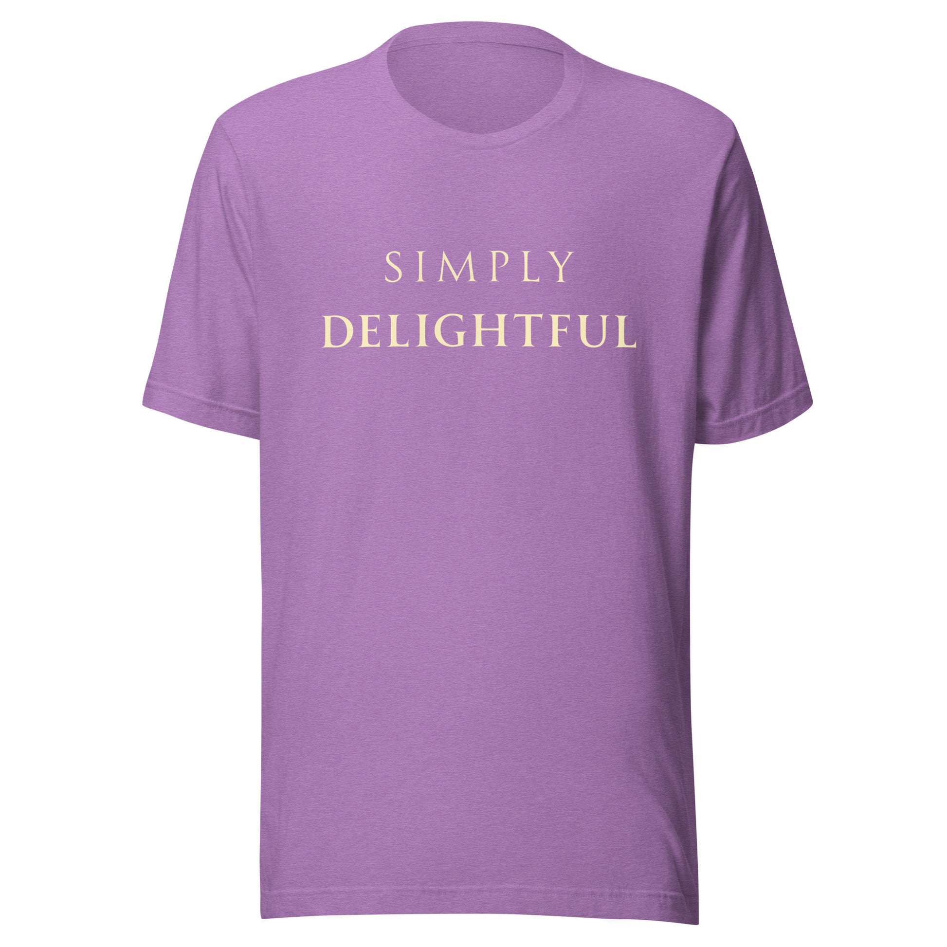 Heather Team Purple Simply Delightful T-shirt product mockup with soft cream text.