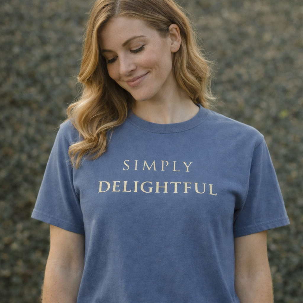 Woman wearing denim blue “Simply Delightful” graphic T-shirt outdoors in soft natural light with a calm, relaxed expression