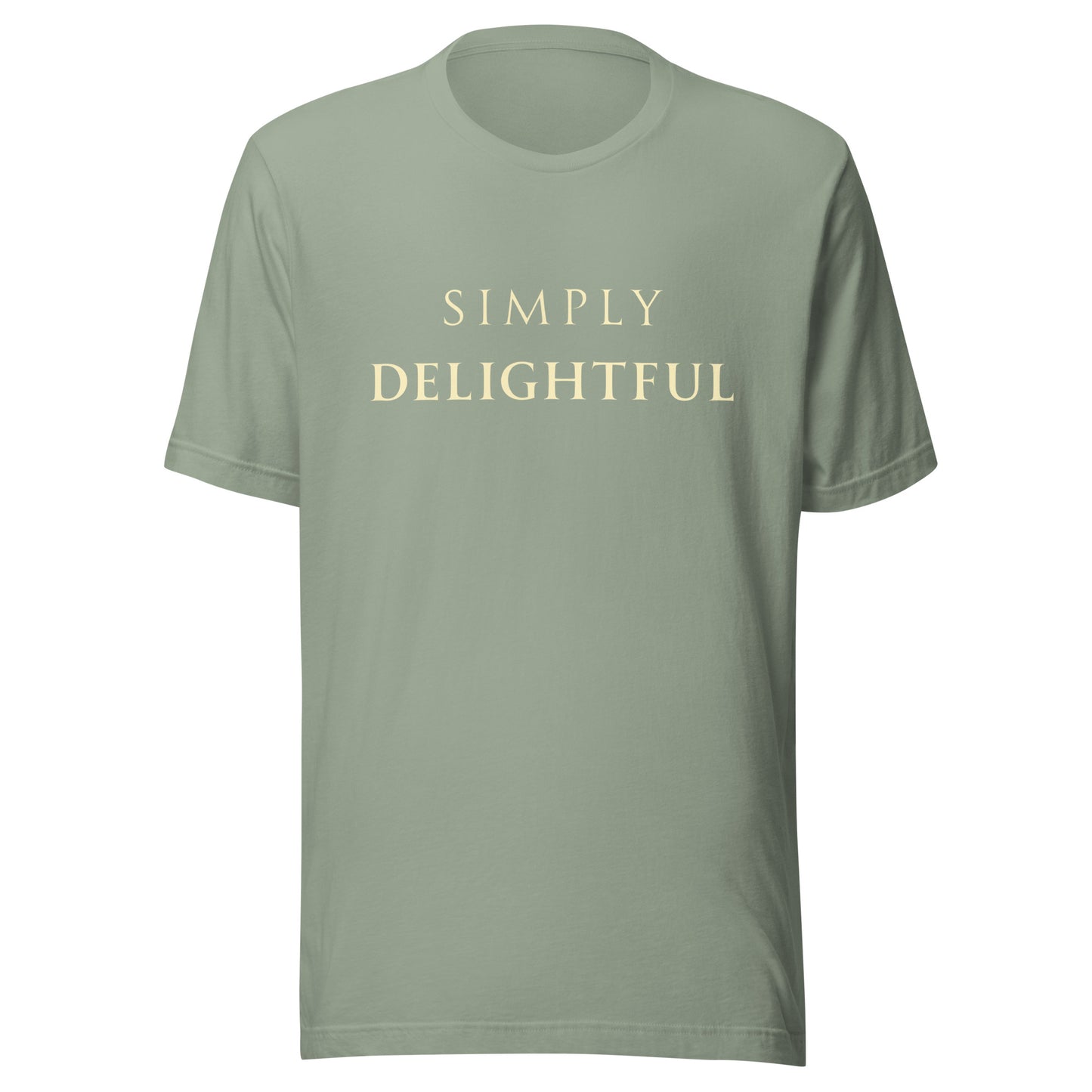 Sage Simply Delightful T-shirt product mockup with soft cream text.