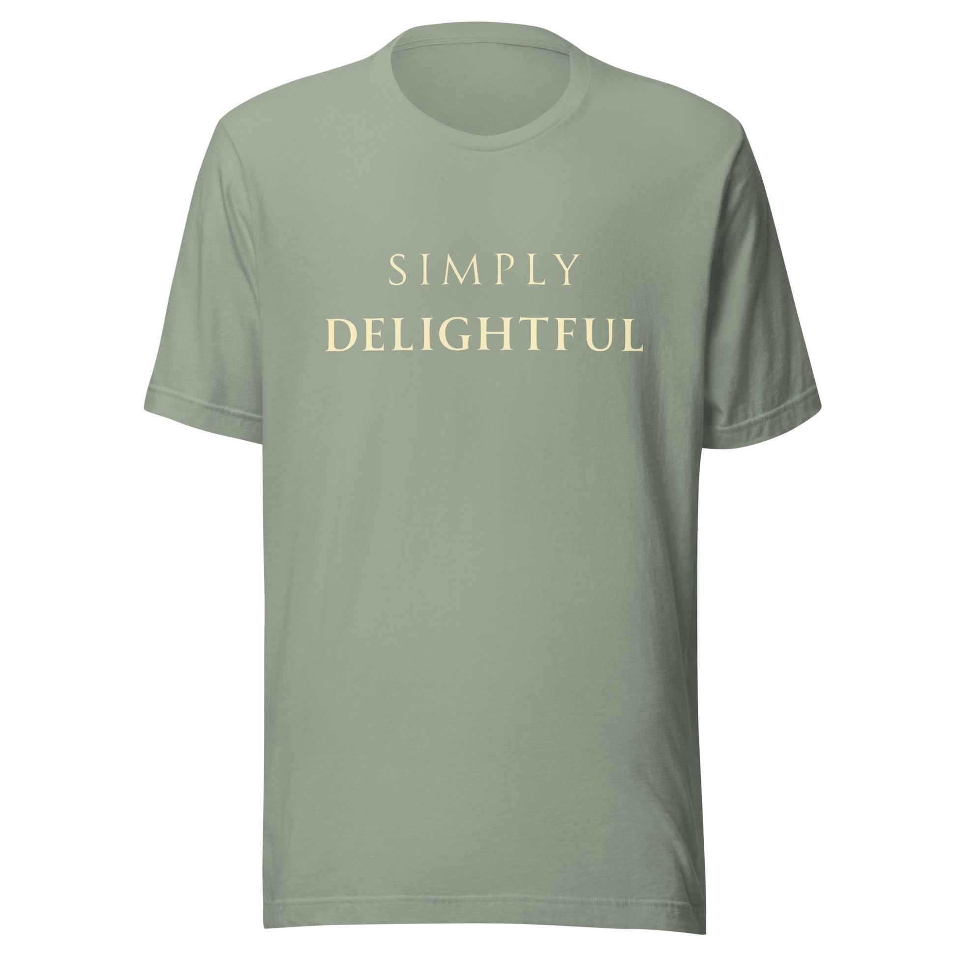 Sage Simply Delightful T-shirt product mockup with soft cream text.