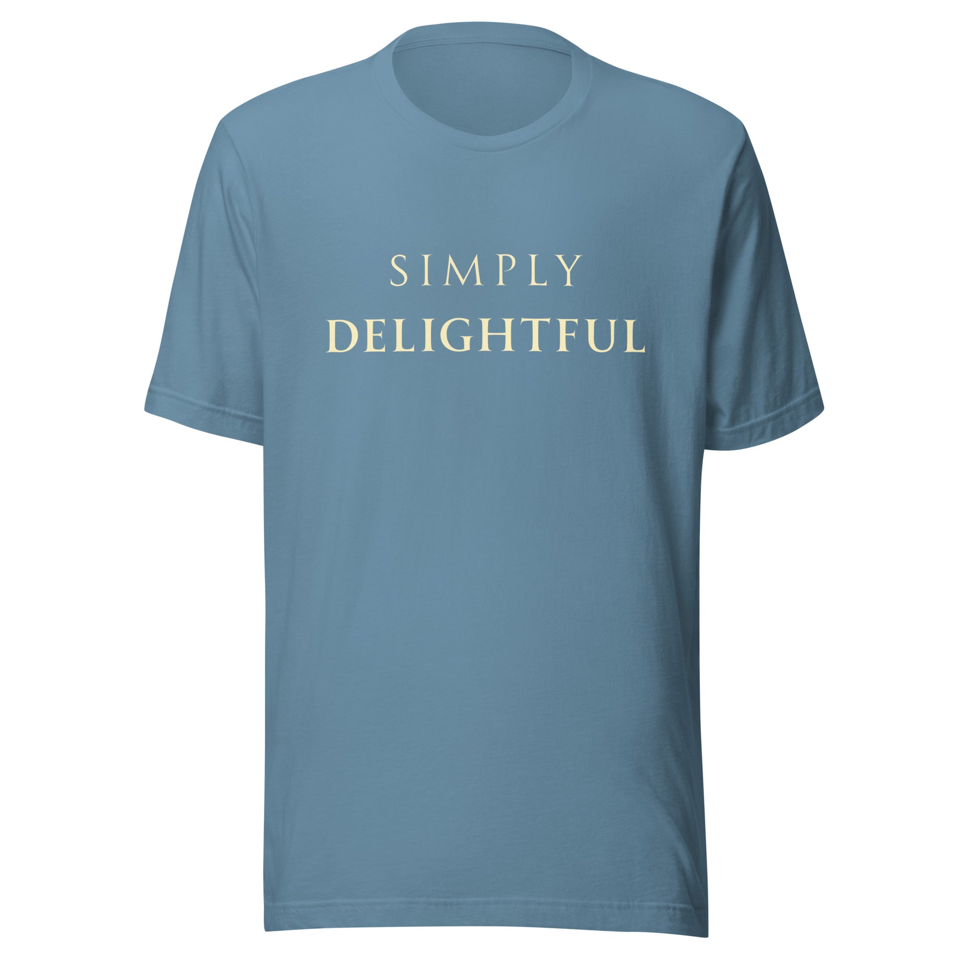 Steel Blue Simply Delightful T-shirt product mockup with soft cream text.
