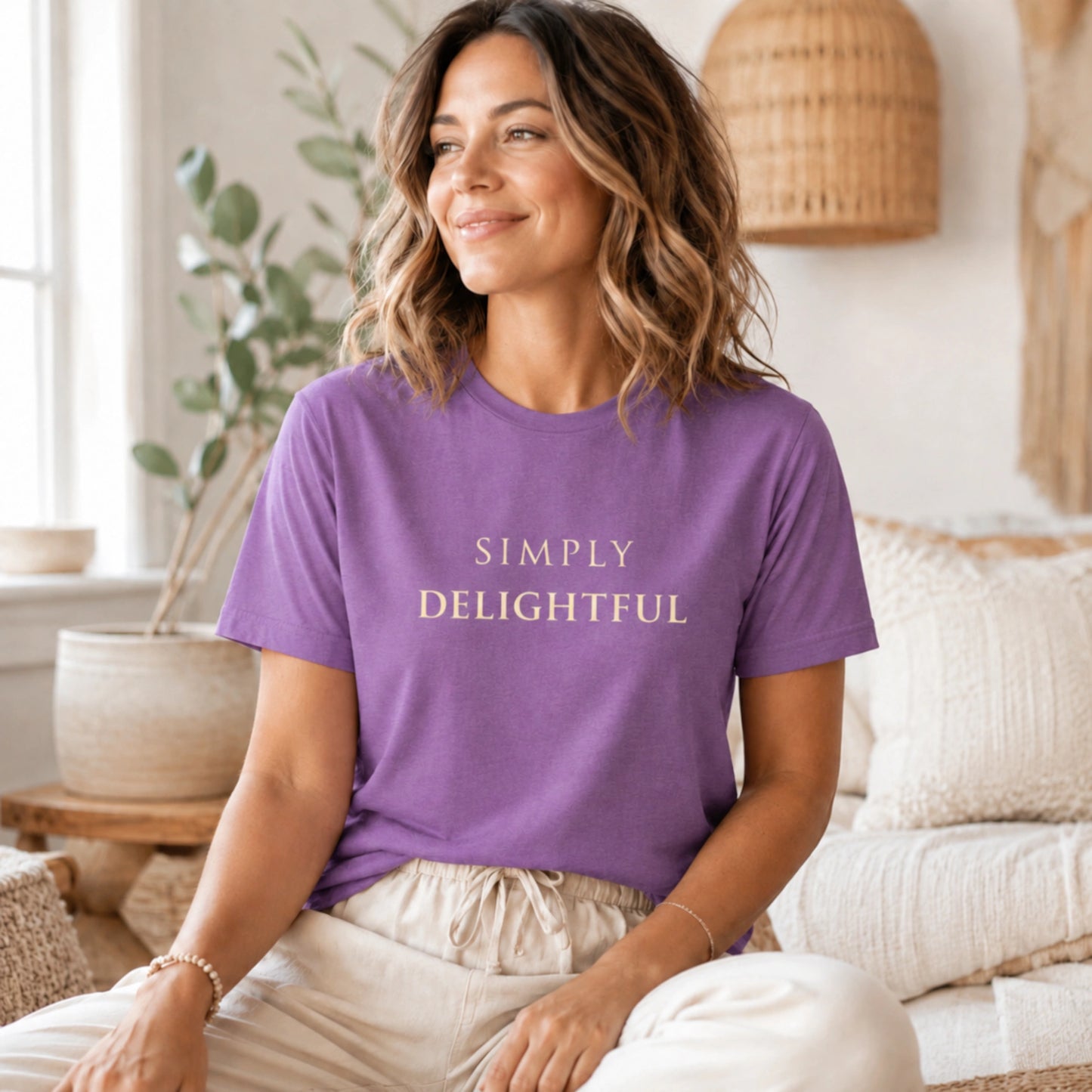 Female model wearing a Heather Team Purple Simply Delightful T-shirt in a soft, cosy indoor lifestyle setting.