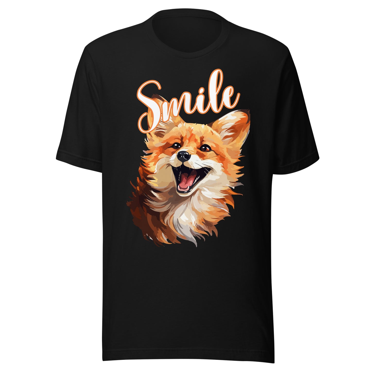 Black Smile fox graphic T-Shirt with warm orange fox illustration