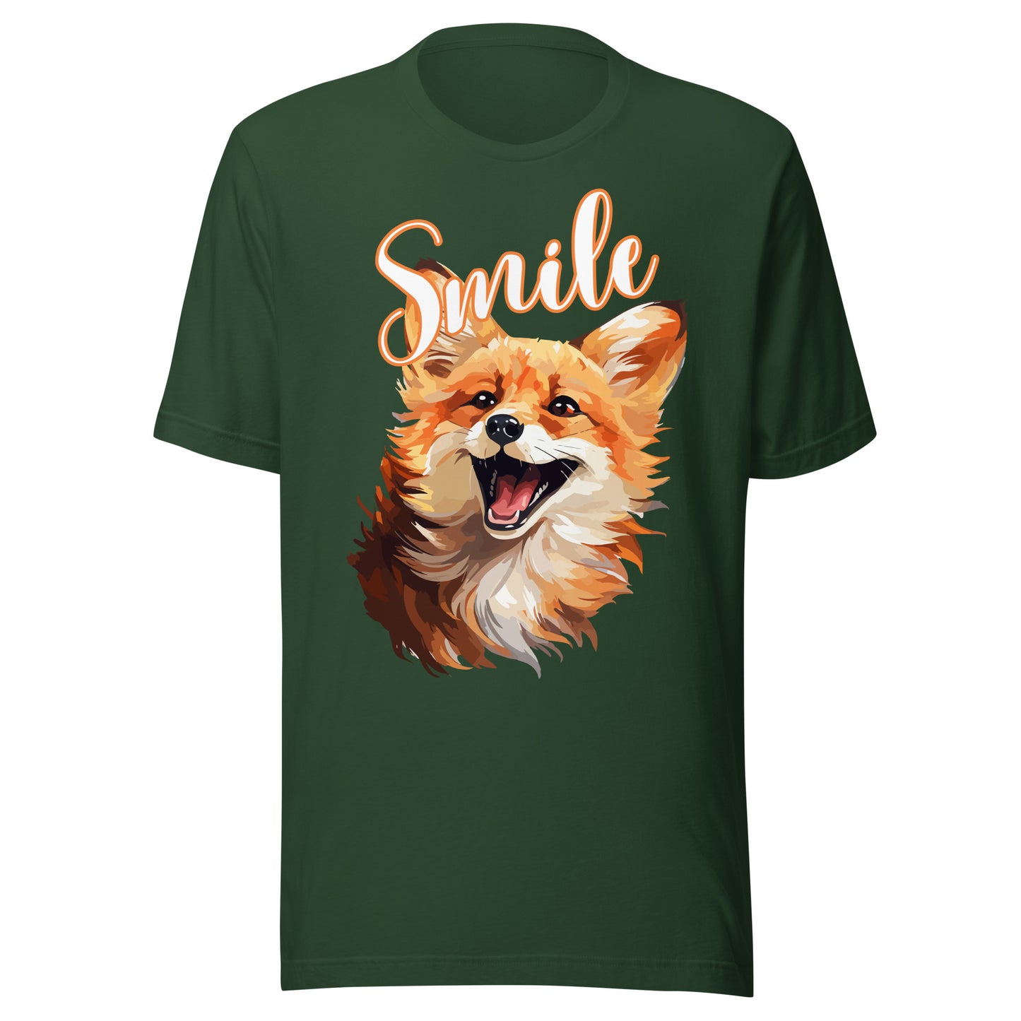 Smile fox graphic T-Shirt in forest green with warm illustrated woodland design