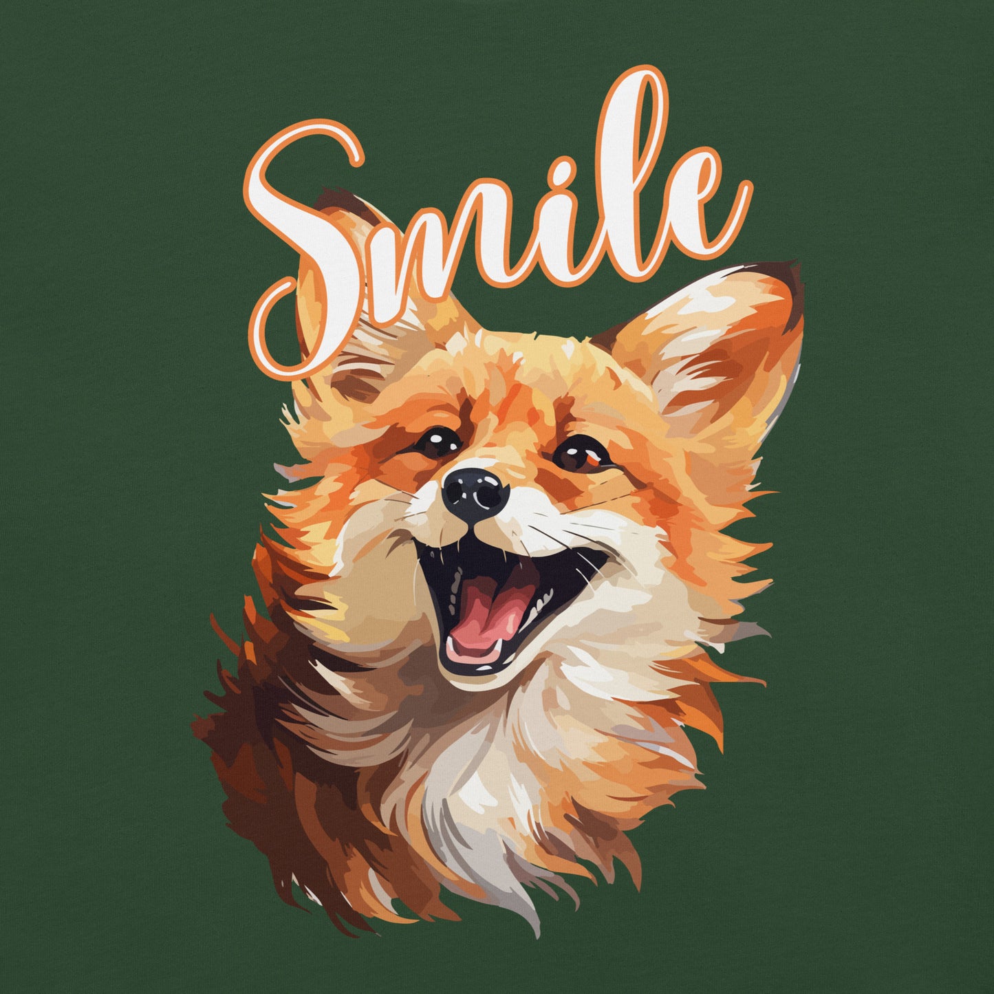 Close-up of illustrated fox design with Smile text on green background