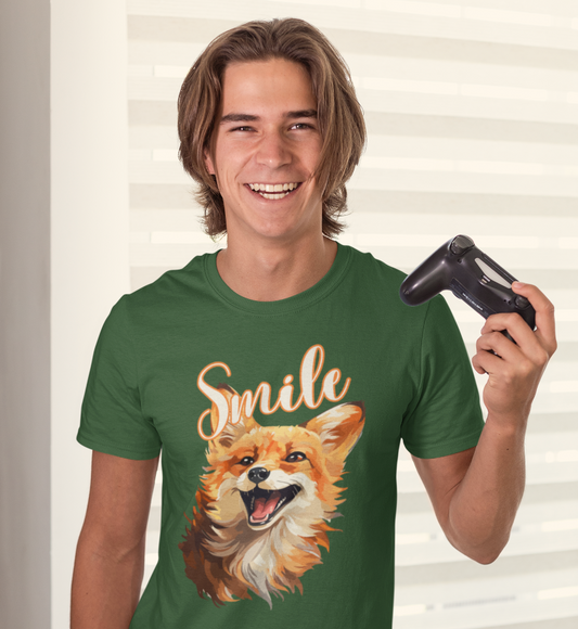 Man wearing green Smile fox graphic T-Shirt styled casually outdoors