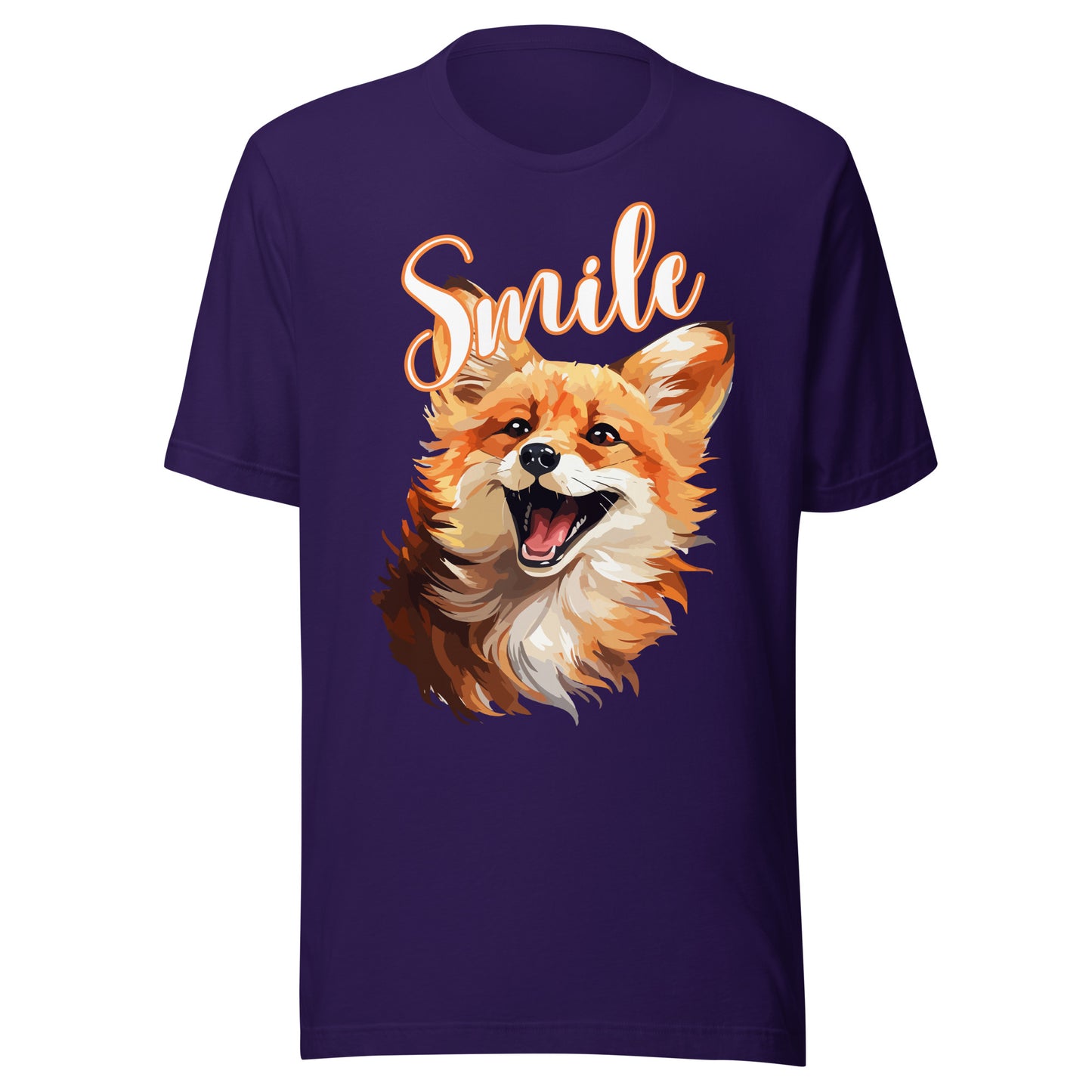 Purple Smile fox graphic T-Shirt featuring expressive woodland fox design