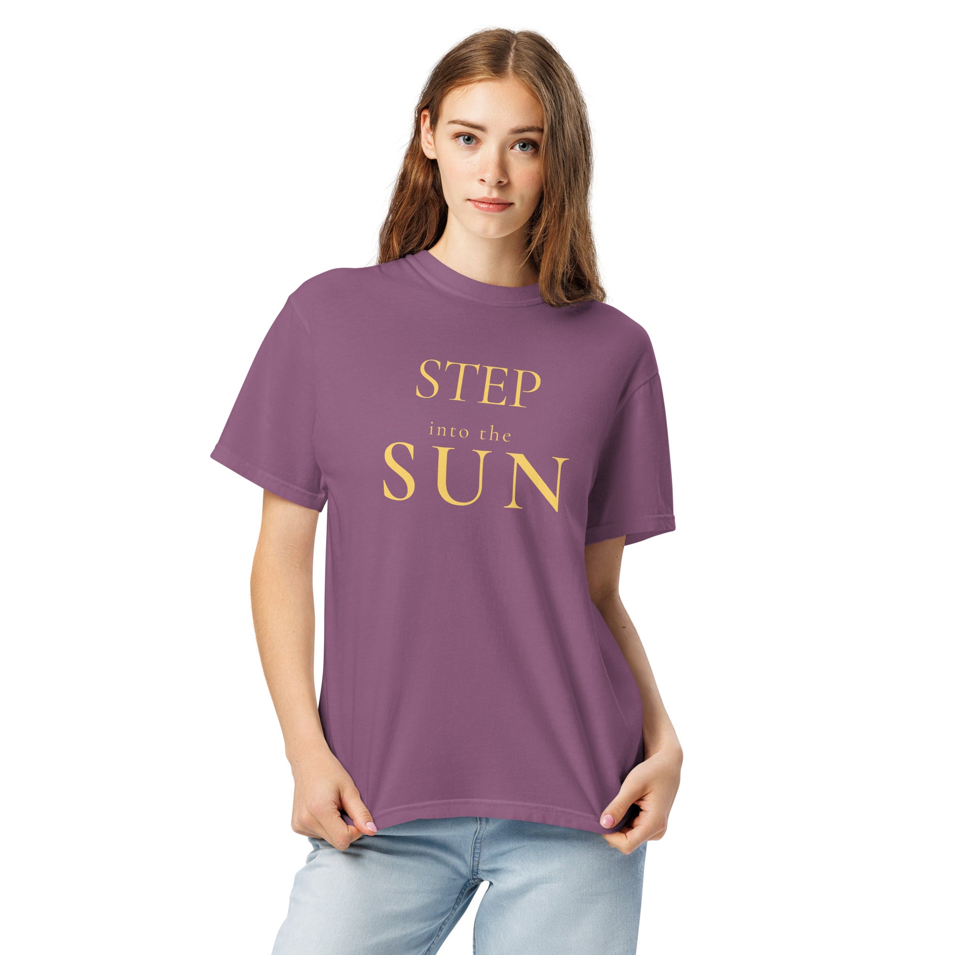 Model wearing Berry Step Into the Sun Comfort Colors motivational quote T-shirt.